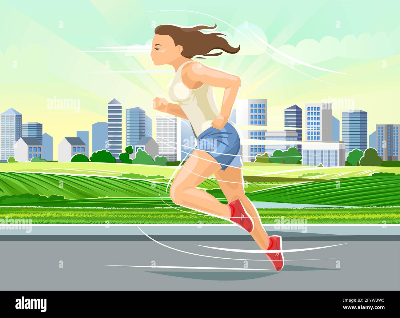 The girl runs. Sports running. Fitness and healthy lifestyle. Flat cartoon style. Woman runner trains against the backdrop of a large modern city. Vec Stock Vector