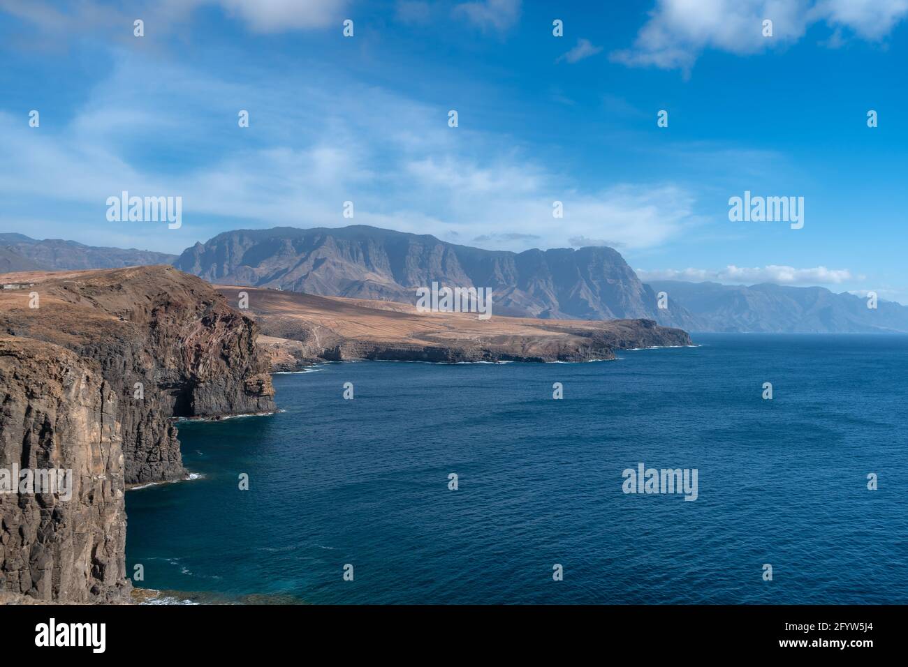 Seascape. view of the Tamadaba mountains from the Galdar cliffs. Gran Canaria. Canary Islands Stock Photo