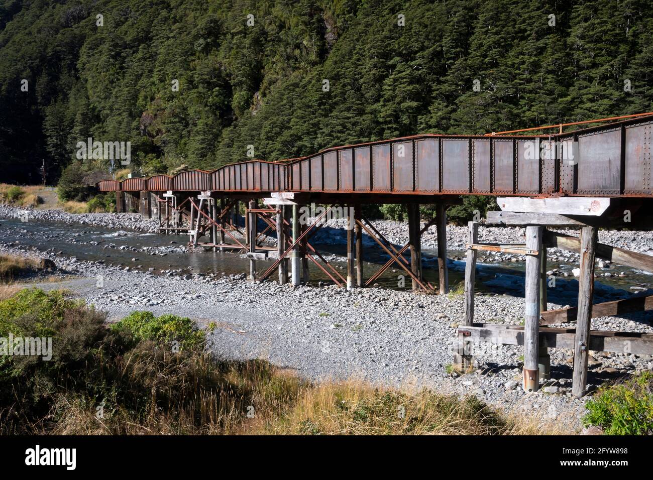 Railway bridge over river, Arthurs Pass, Canterbury, South Island, New Zealand Stock Photo