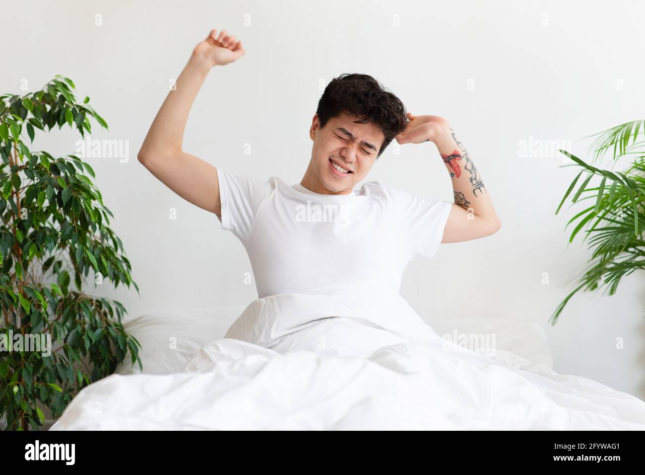 Sleep, enjoy rest at home and free weekend during covid-19 quarantine. Be safety during pandemic Stock Photo