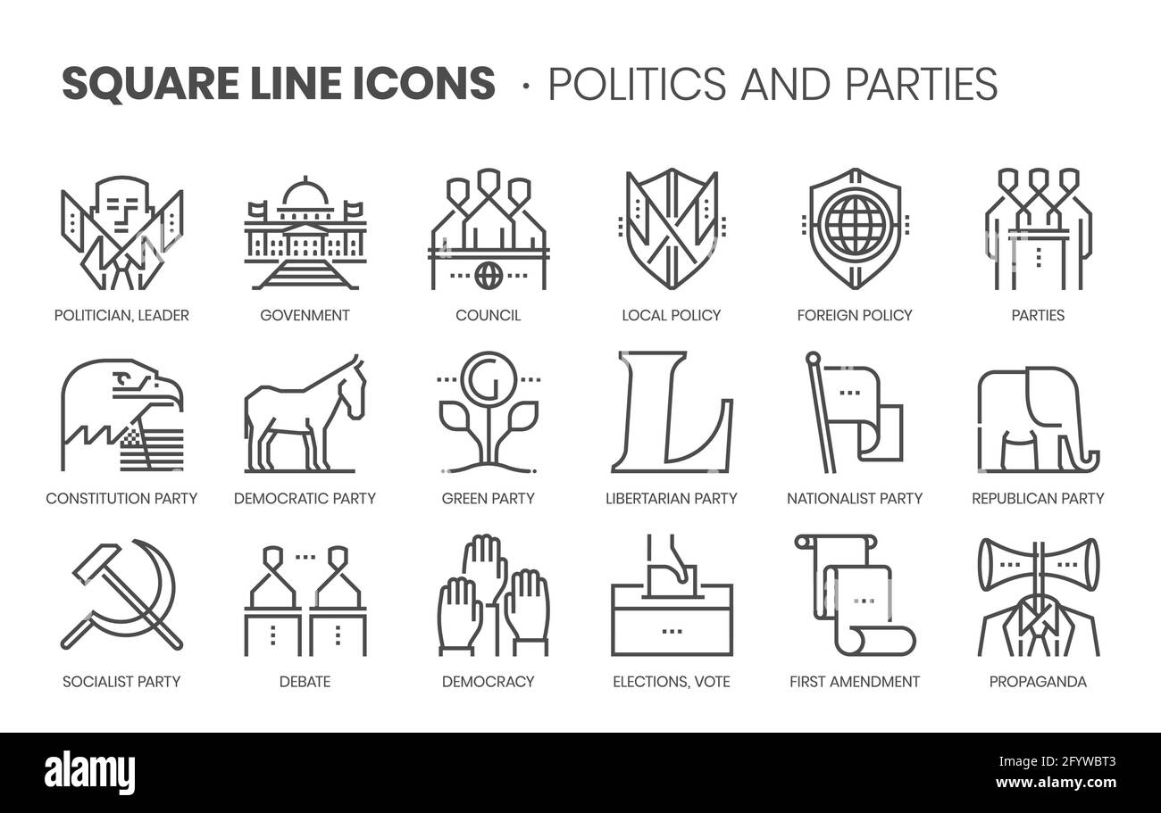 Politics and parties related, square line vector icon set for applications and website development. The icon set is pixelperfect with 64x64 grid. Craf Stock Vector