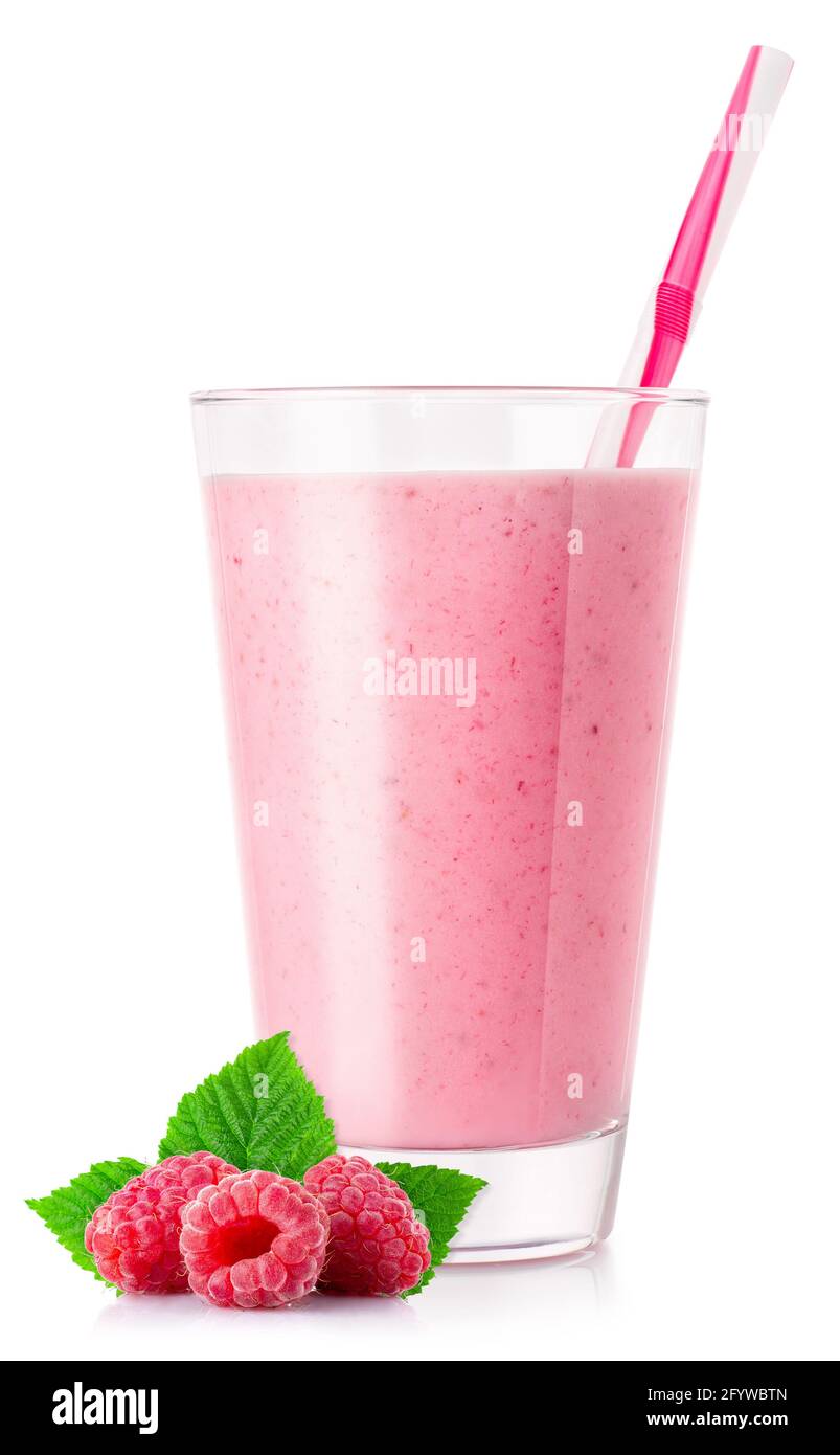 raspberry smoothie with straw in glass isolated on white Stock Photo