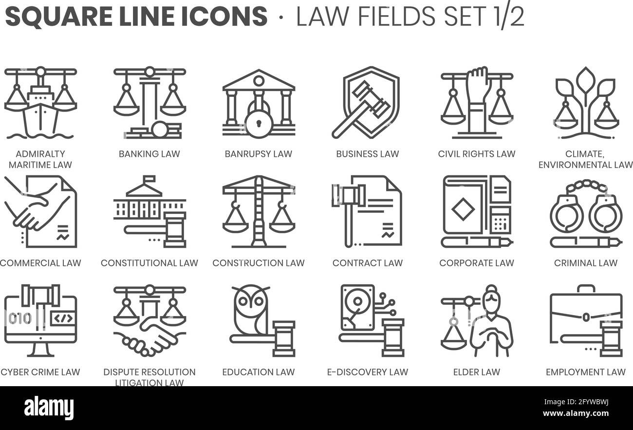 Law fields related, square line vector icon set for applications and website development. The icon set is editable stroke, pixel perfect and 64x64. Cr Stock Vector