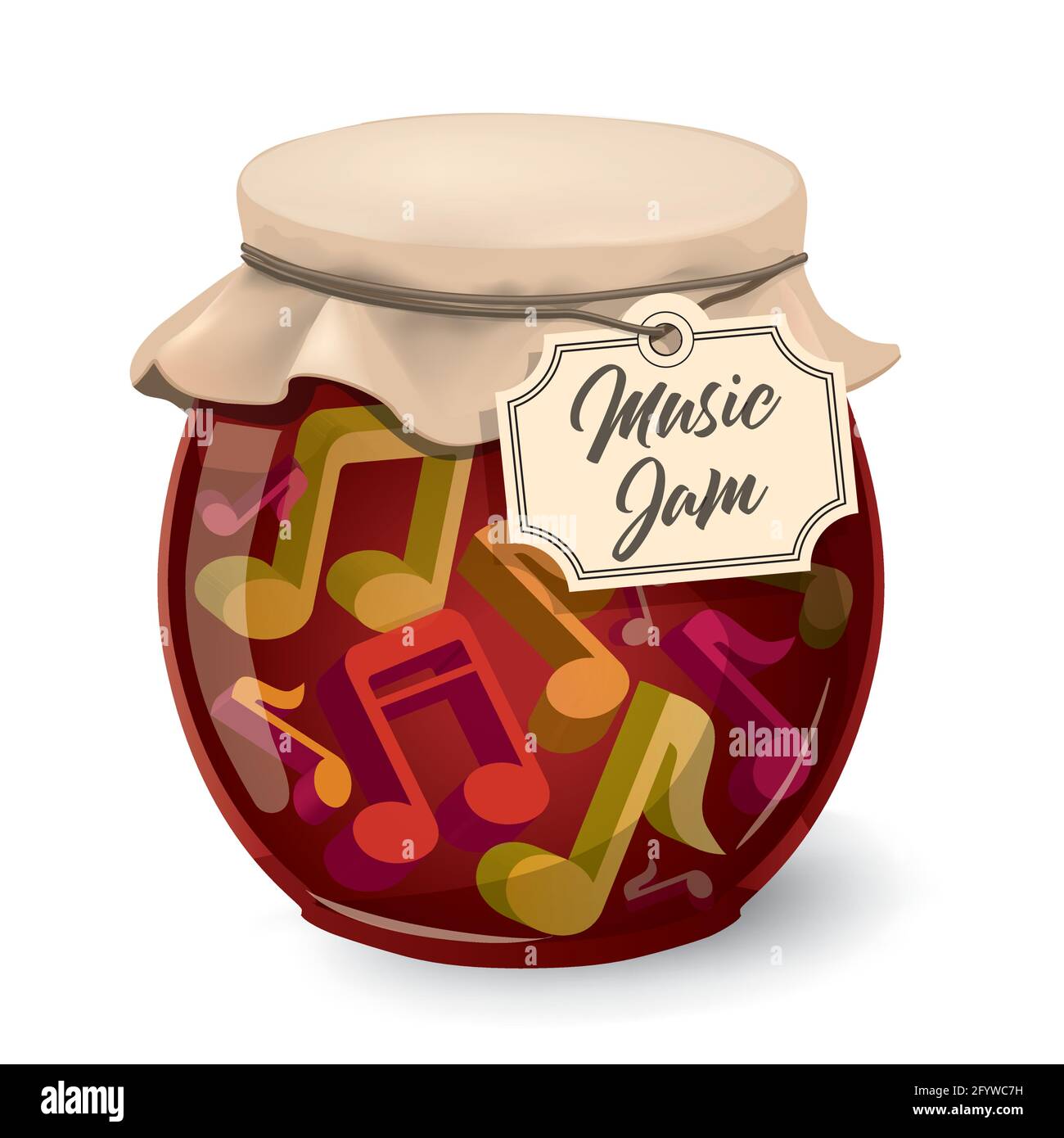 Music jam, jam session, Funny vintage concept.  Illustration of jam glass jar with music notes 3d symbols and label with text Music Jam. Stock Vector