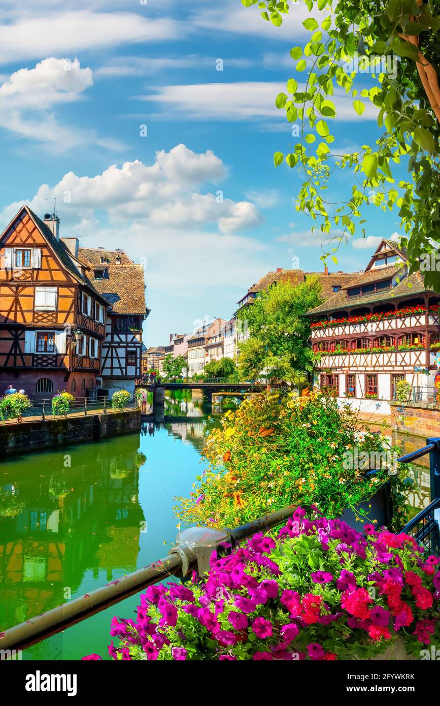 Picturesque district Petite France in Strasbourg, houses on river Stock Photo