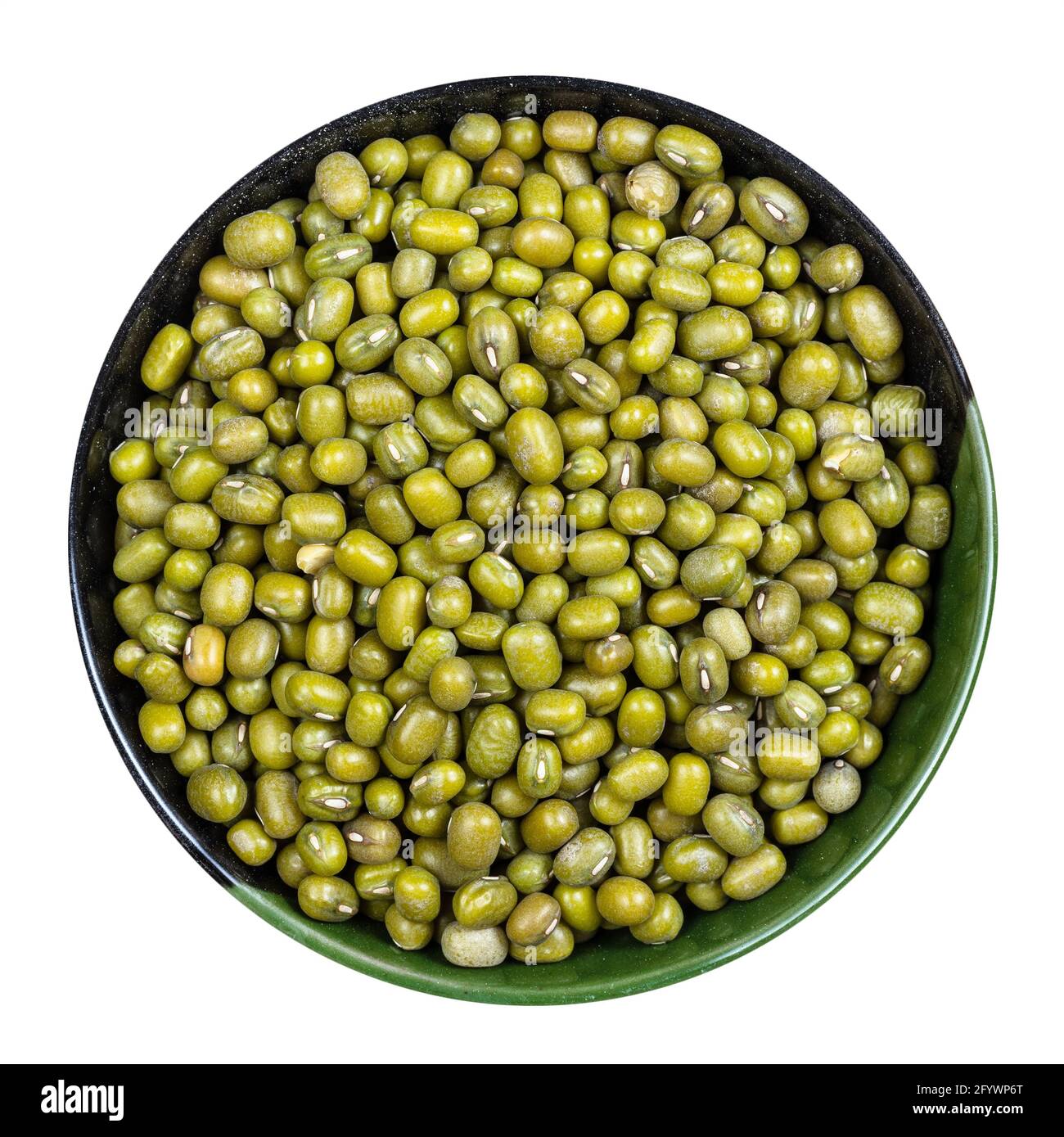 top view of raw green mung beans in round bowl isolated on white background Stock Photo