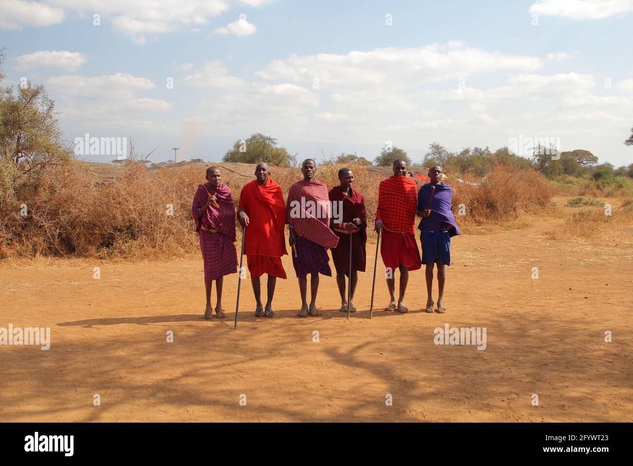 KENYA, AMBOSELI NATIONAL PARK - AUGUST 04, 2018: Maasai men group Stock Photo