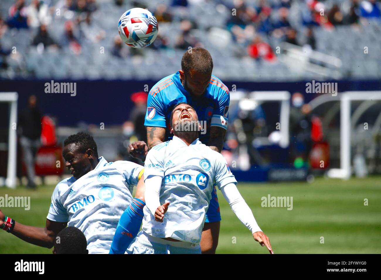 Chicago Fire FC defender Francisco Calvo (5) hits the ball with his head during a MLS match against the CF Montréal at Soldier Field, Saturday, May 29 Stock Photo