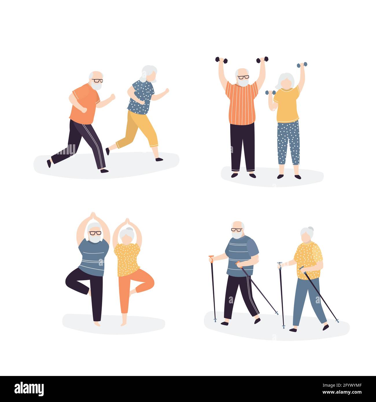 Set of old people doing sports exercises. Elderly couple running, walking and doing yoga poses. Outdoor fitness for grandparents. Seniors isolated on Stock Vector