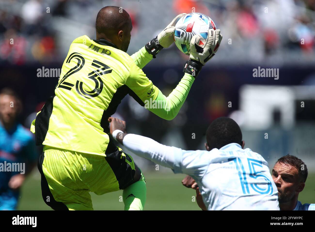 CF Montréal goalkeeper Clement Diop (23) makes a save during a MLS match against the Chicago Fire FC at Soldier Field, Saturday, May 29, 2021, in Chic Stock Photo