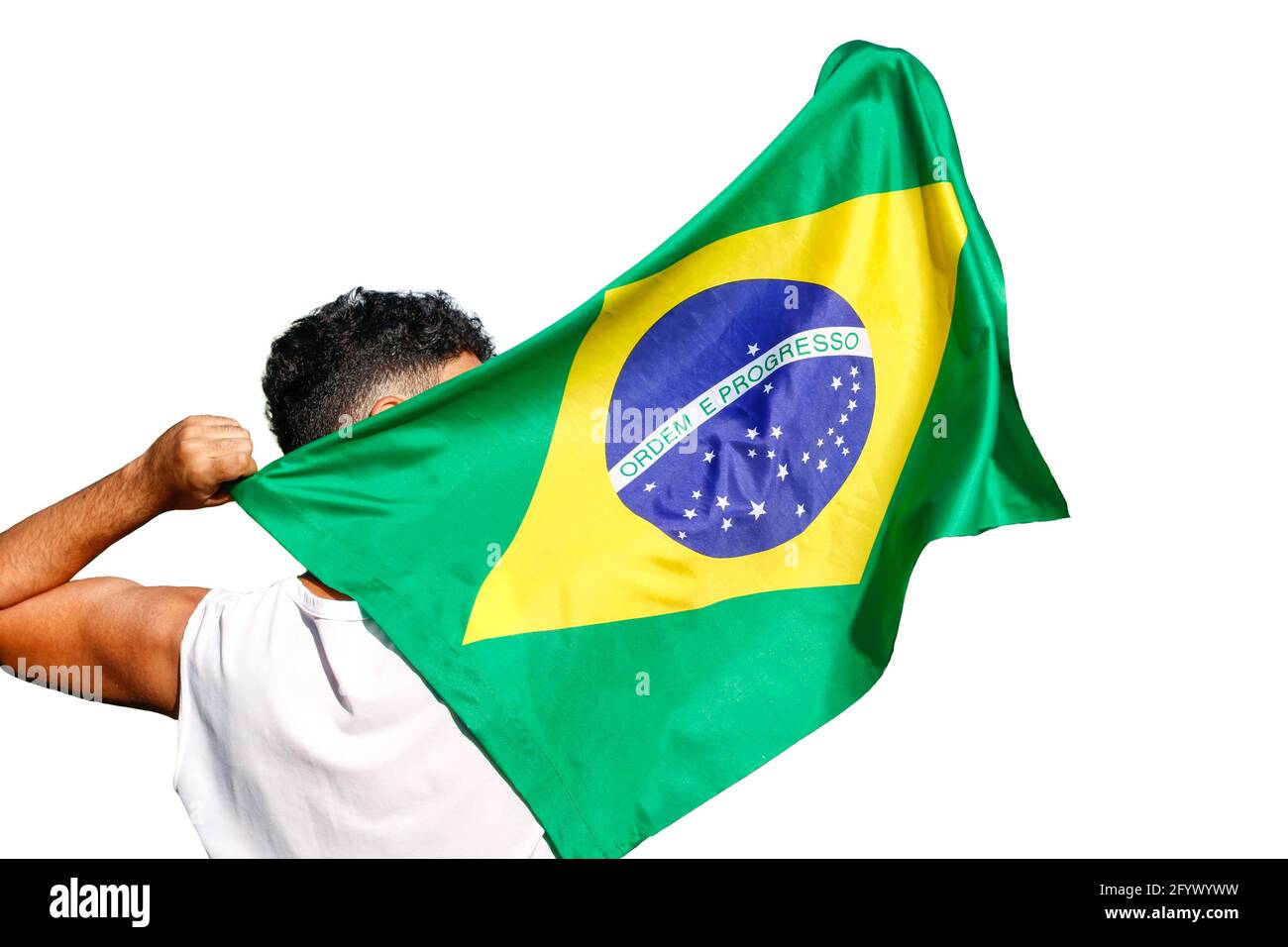 Man holding Brazil flag isolated on white background. Space for text Stock  Photo - Alamy