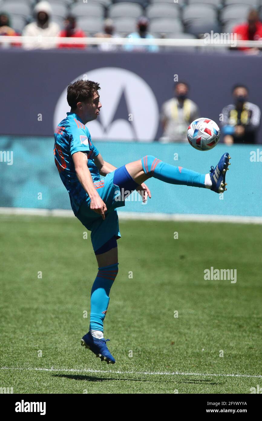 Chicago Fire FC midfielder Brian Gutierrez (40) jumps for the ball during a MLS match against the CF Montréal at Soldier Field, Saturday, May 29, 2021 Stock Photo