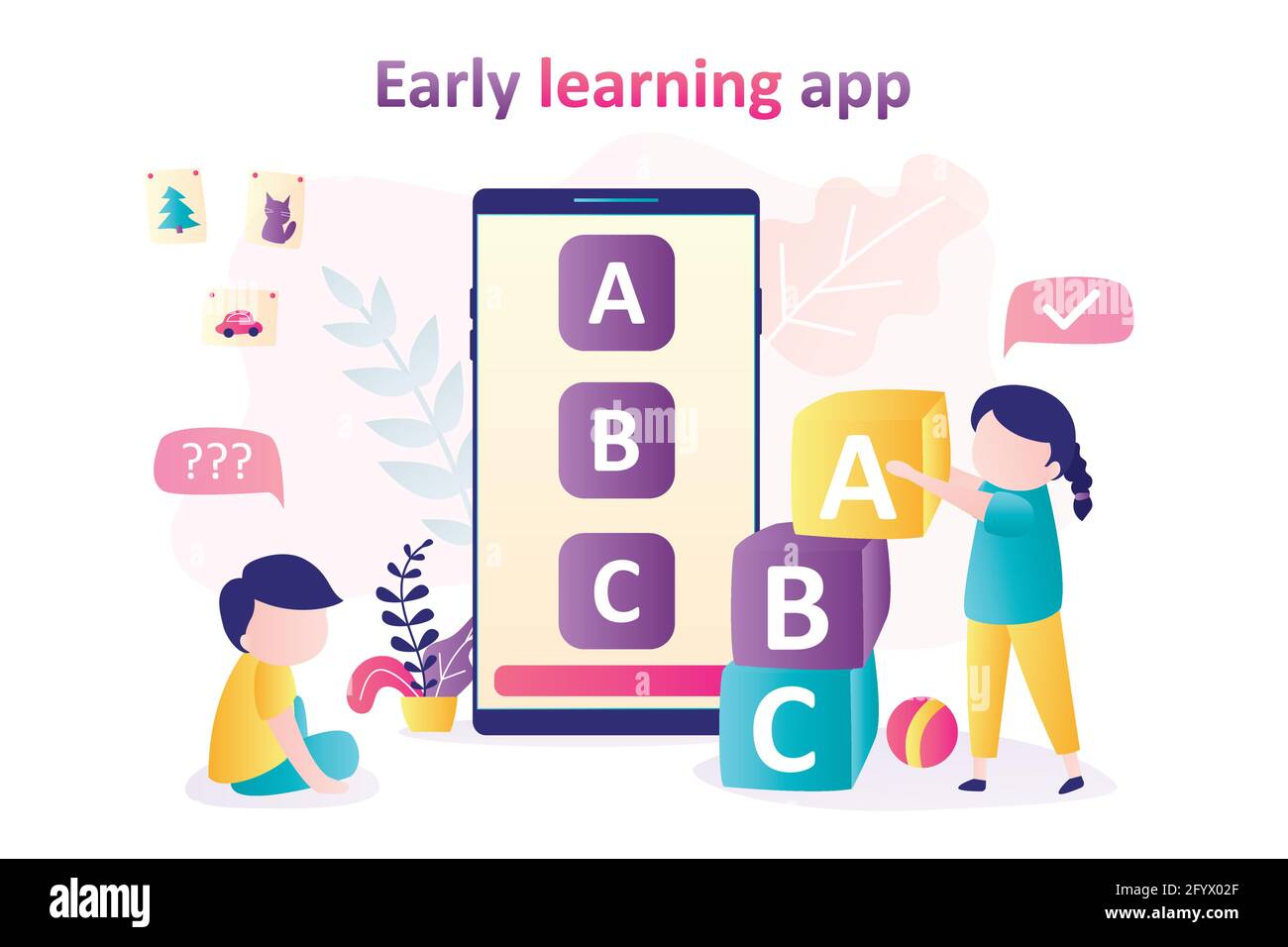Early learning app on smartphone screen. Boy and girl playing with