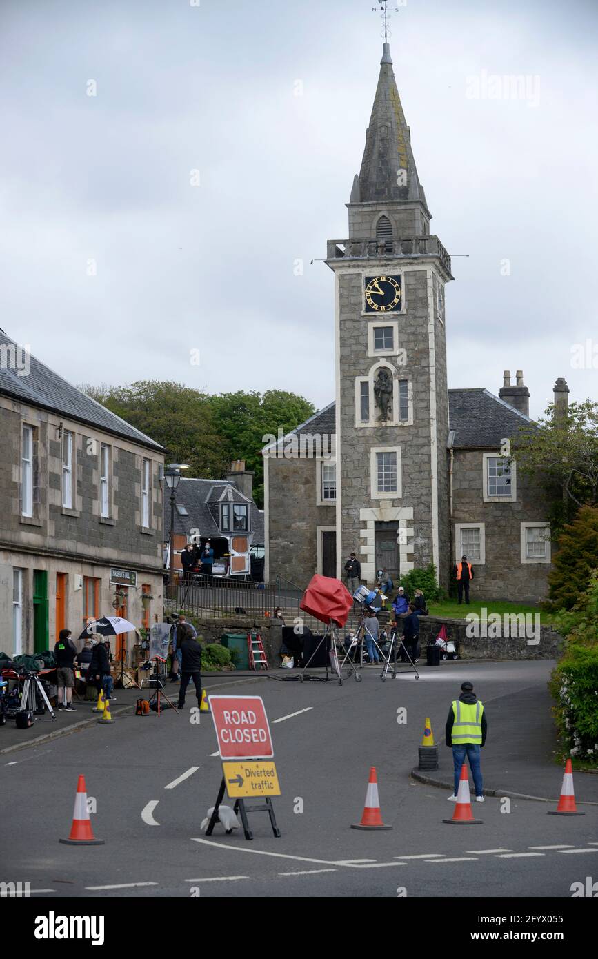 KILBARCHAN, RENFREWSHIRE 30th May 2021  Taken 20th May 2021 TV show Shetland filming in Kilbarchan.  The village coffee shop Bobbins has been transformed into Nassan's Deli a Syrian food and produce shop. Credit: Chris McNulty/Alamy Live News Stock Photo