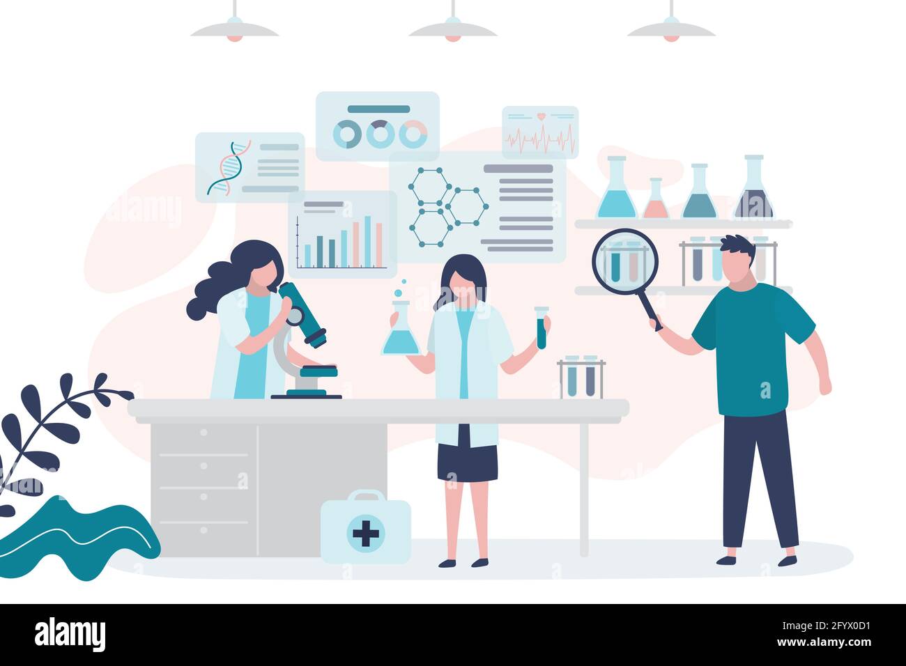 Scientific research laboratory. Scientists and pharmacists are developing new drugs and vaccines. Workplace with equipment, chemical formulas and sign Stock Vector