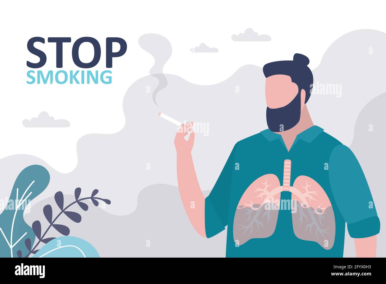 Male character smoking cigarette. Cartoon man with unhealthy and affected lungs. Concept of bad