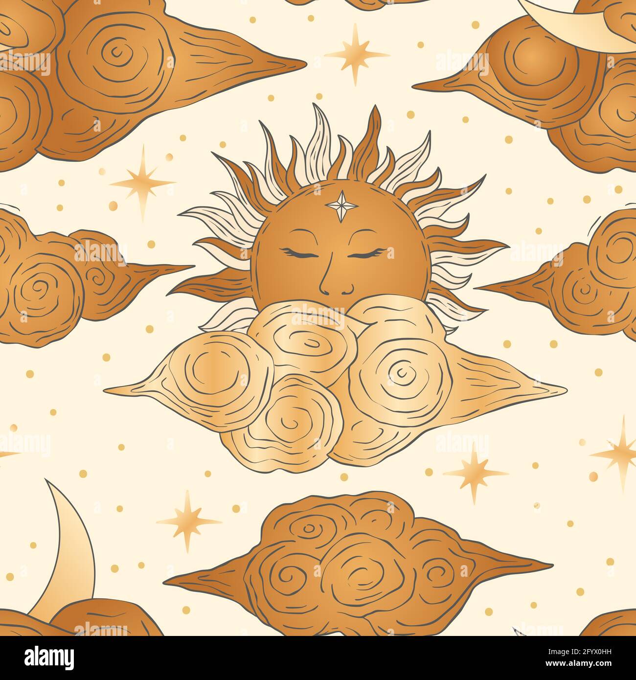 Celestial sun and moon golden seamless pattern. Gold magic alchemy