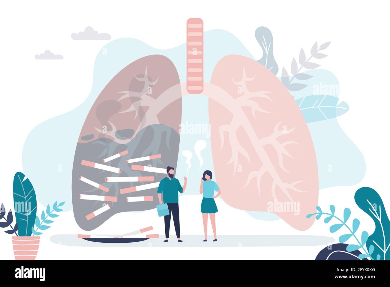 Man and woman smoking cigarettes. Healthy and unhealthy lung on ...