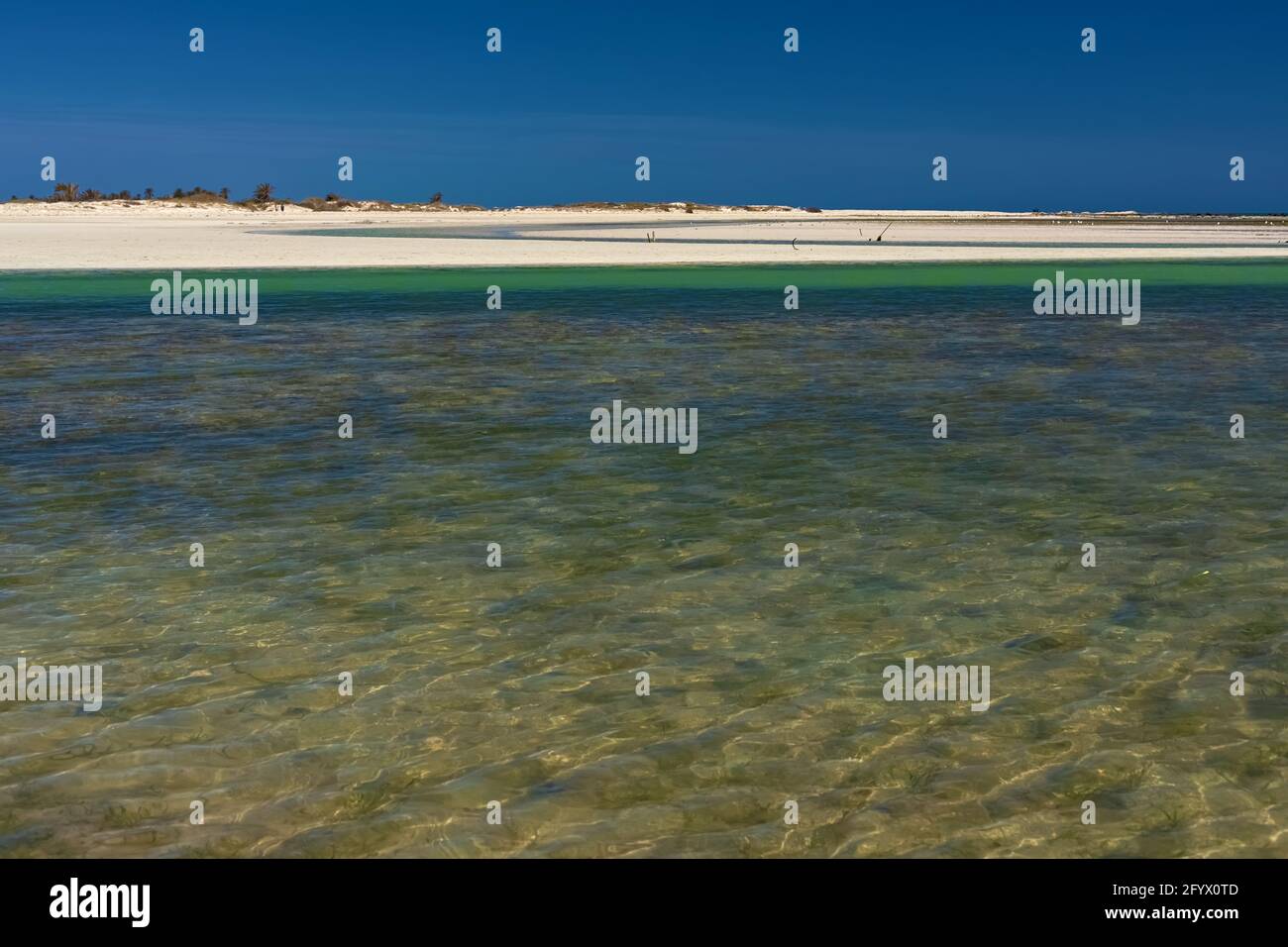 Wonderful view of the lagoon, seashore, white sand beach and blue sea. Djerba Island, Tunisia Stock Photo