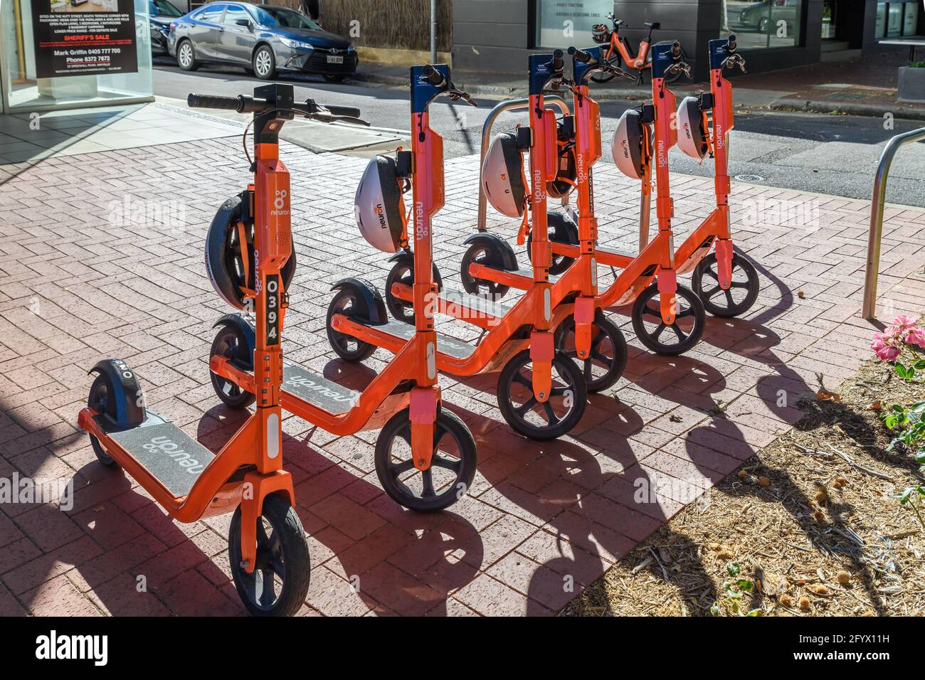 Adelaide, South Australia April 4, 2021 Neuron Escooters parked in