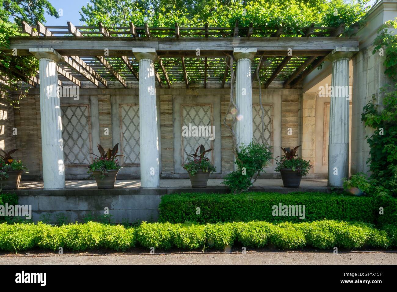 Yonkers, NY USA May 27, 2021 A view of a Loggia on the north wall of the Walled Garden, a