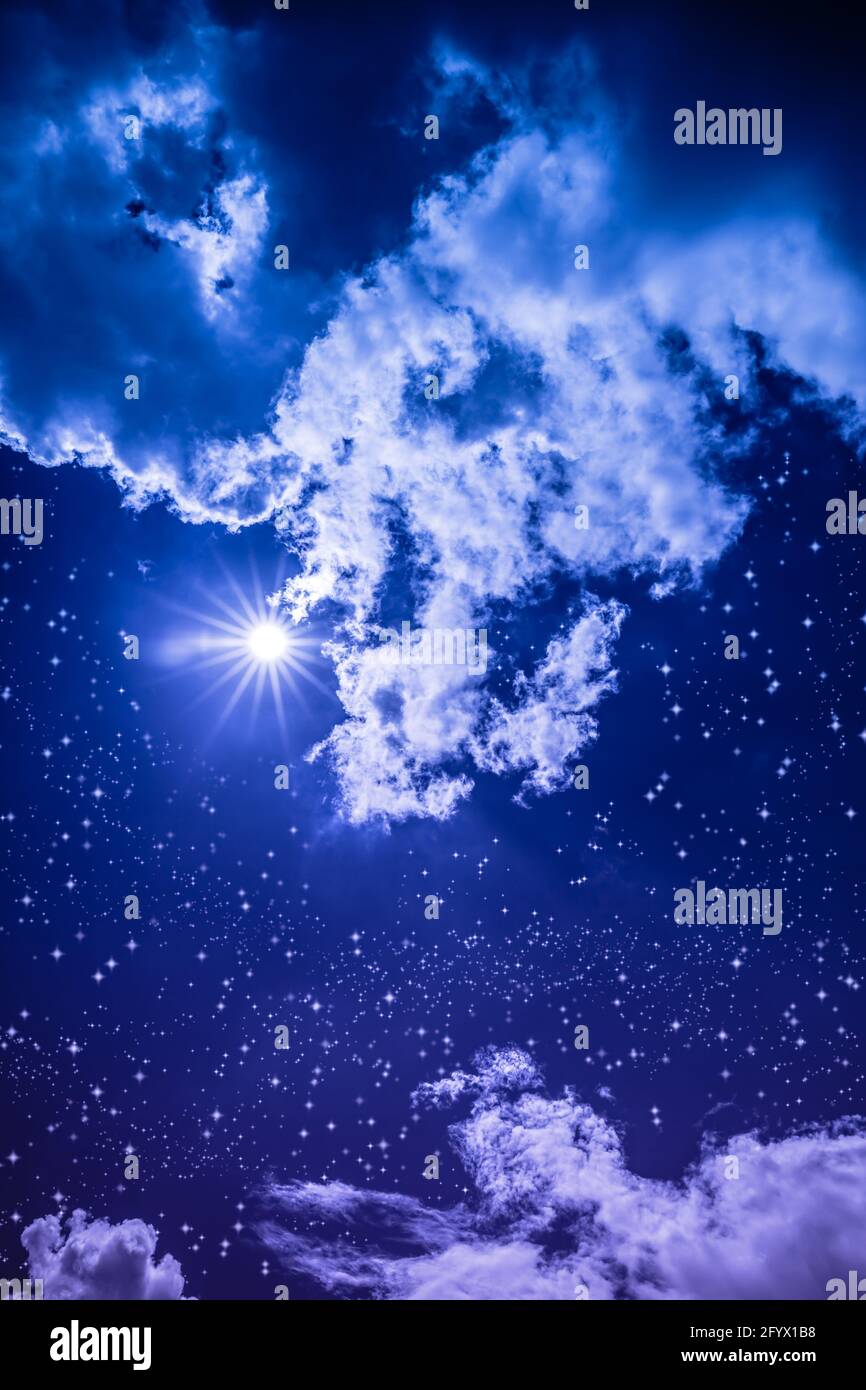 Amazing blue dark night sky with many stars, bright full moon and