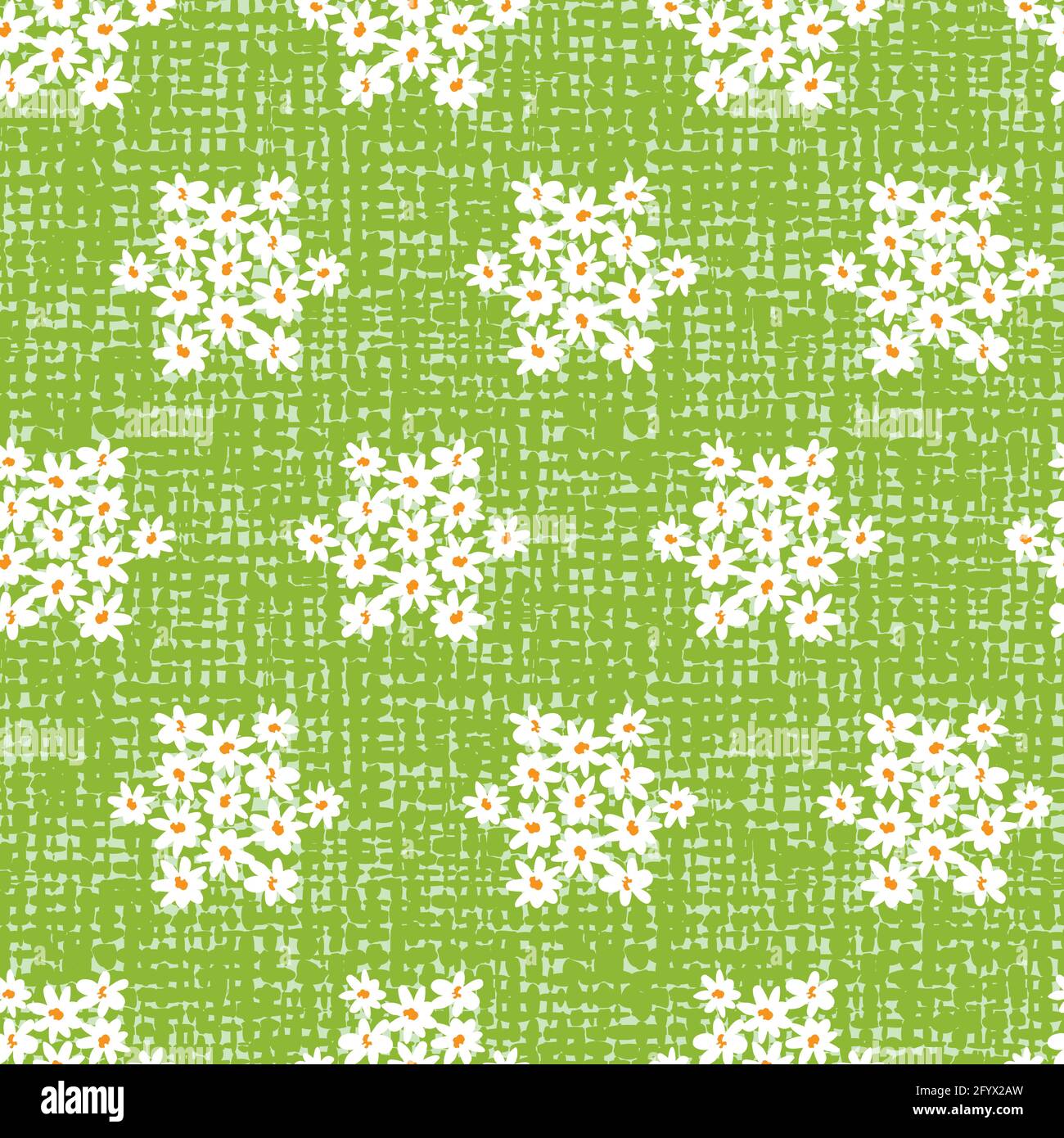 Vector green fun daisy flowers hexagon star repeat pattern with canvas background. Suitable for textile, gift wrap and wallpaper. Stock Vector