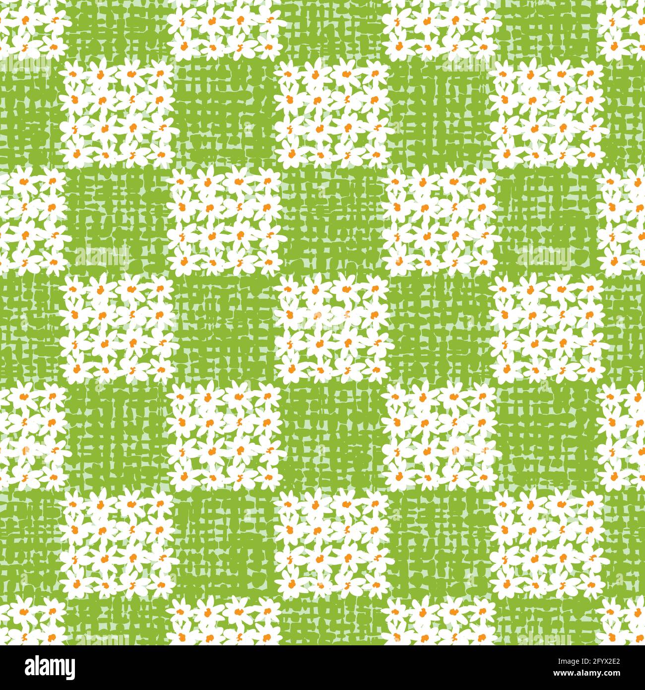 Vector green fun daisy flowers chequerboard squares repeat pattern with canvas background. Suitable for textile, gift wrap and wallpaper. Stock Vector