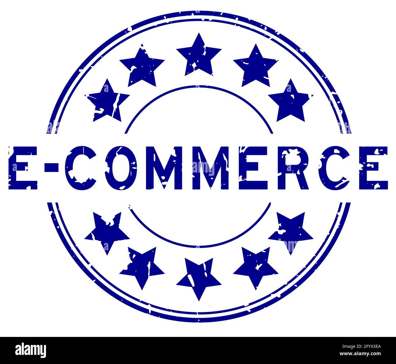 Grunge blue e-commerce word with star icon round rubber seal stamp on ...