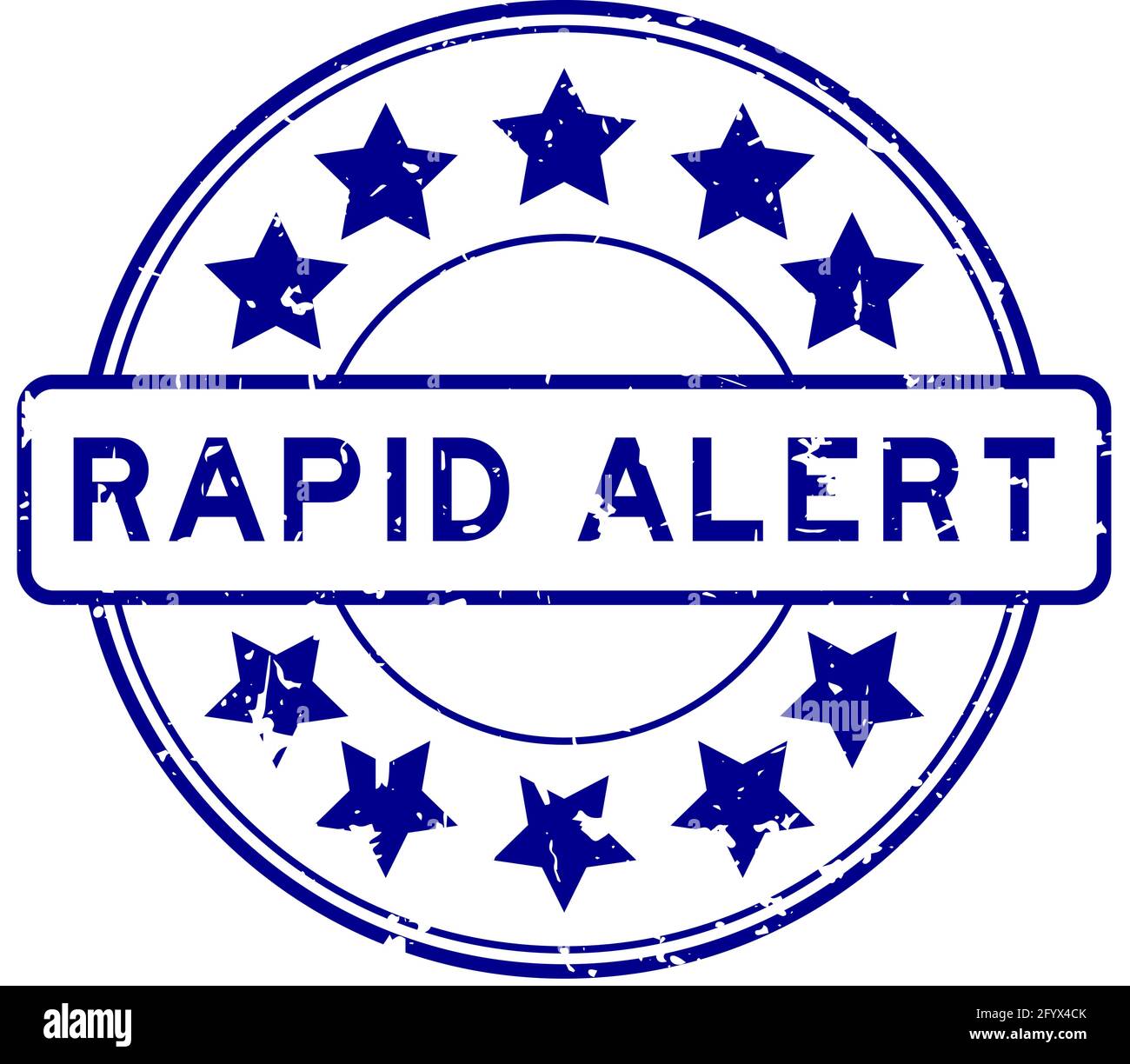 Grunge blue rapid alert word with star icon round rubber seal stamp on white background Stock Vector