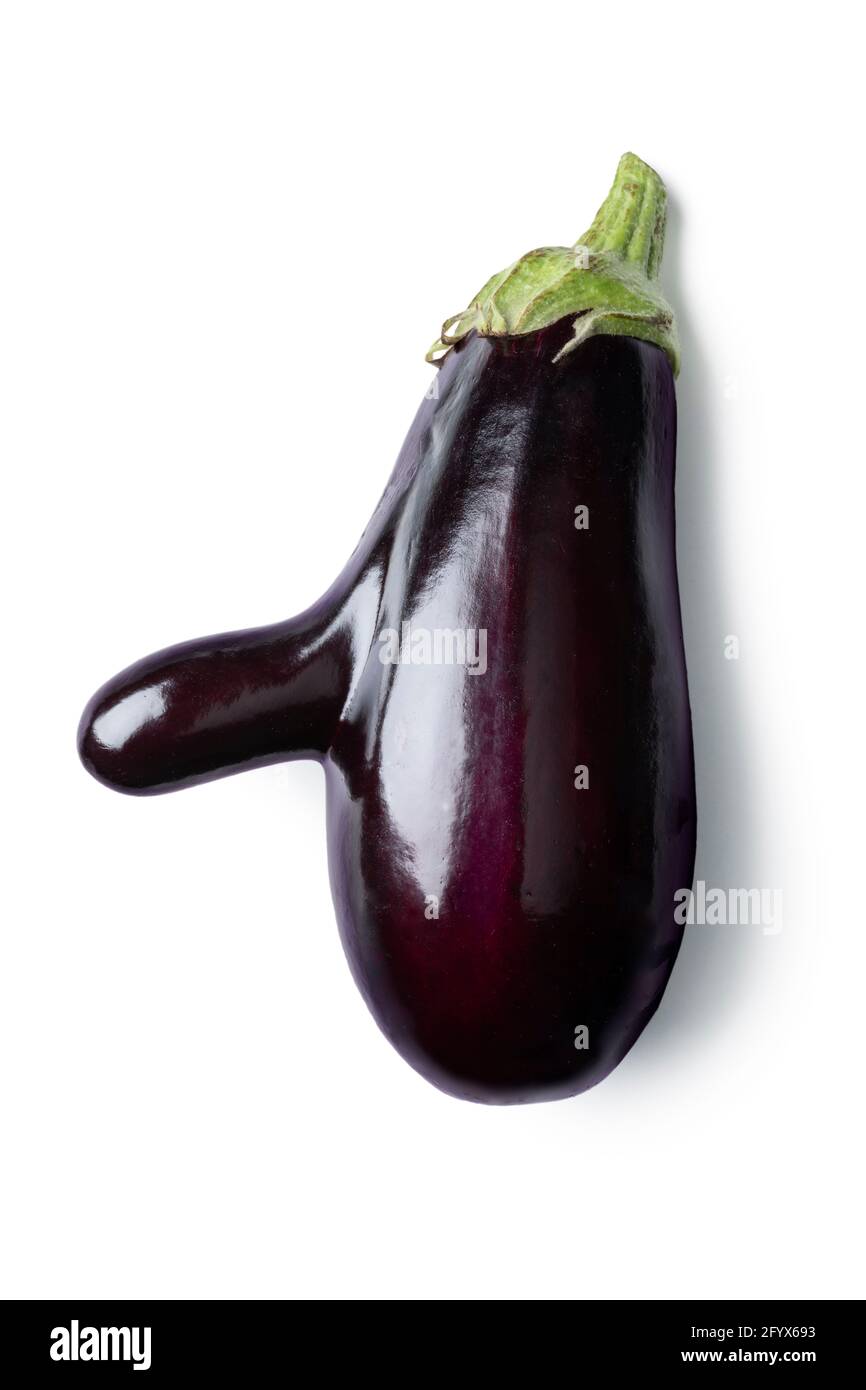 Fresh deformed purple eggplant with a nose isolated on white background Stock Photo