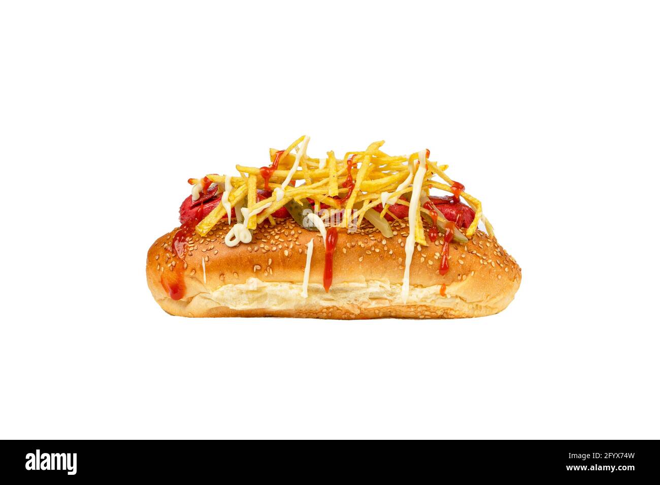 American hot dog with ketchup and mustard isolated on a white background Stock Photo Alamy