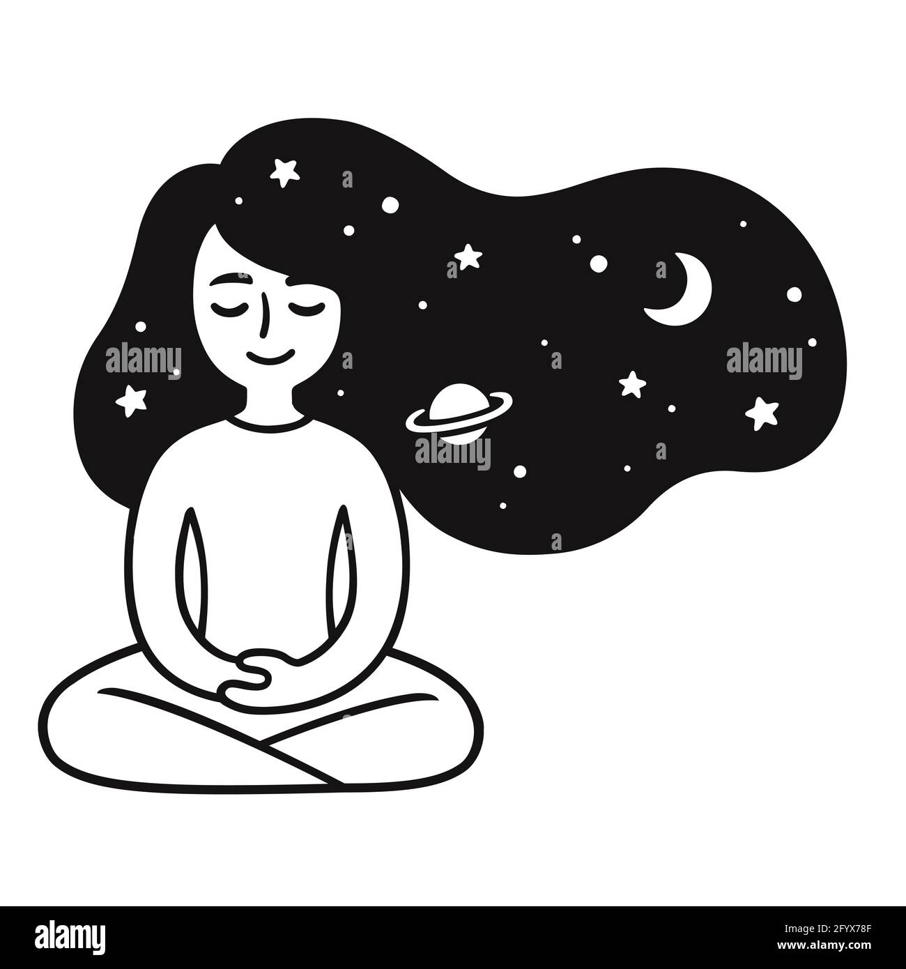 Young woman meditating with stars and galaxy hair. Cute girl meditation doodle. Simple black and white drawing, vector illustration. Stock Vector