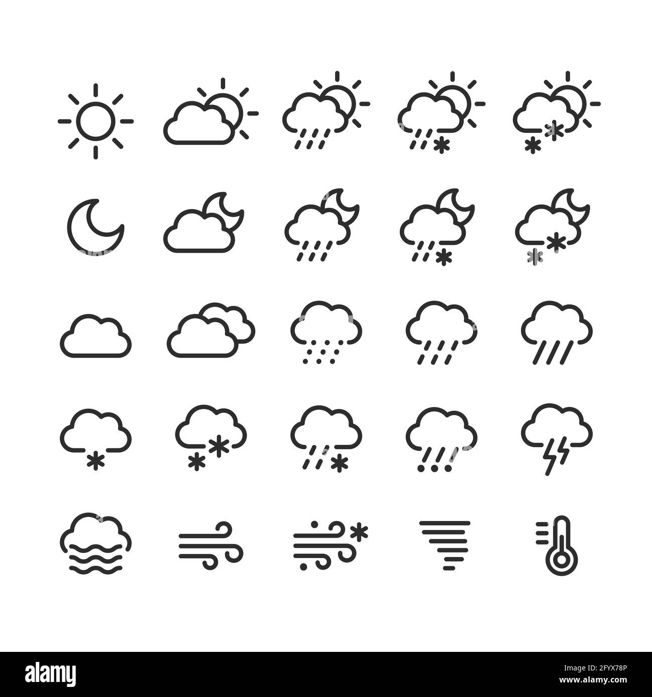 Weather forecast icons set. Clouds, precipitation and weather conditions, day and night. Vector line icon illustration. Stock Vector