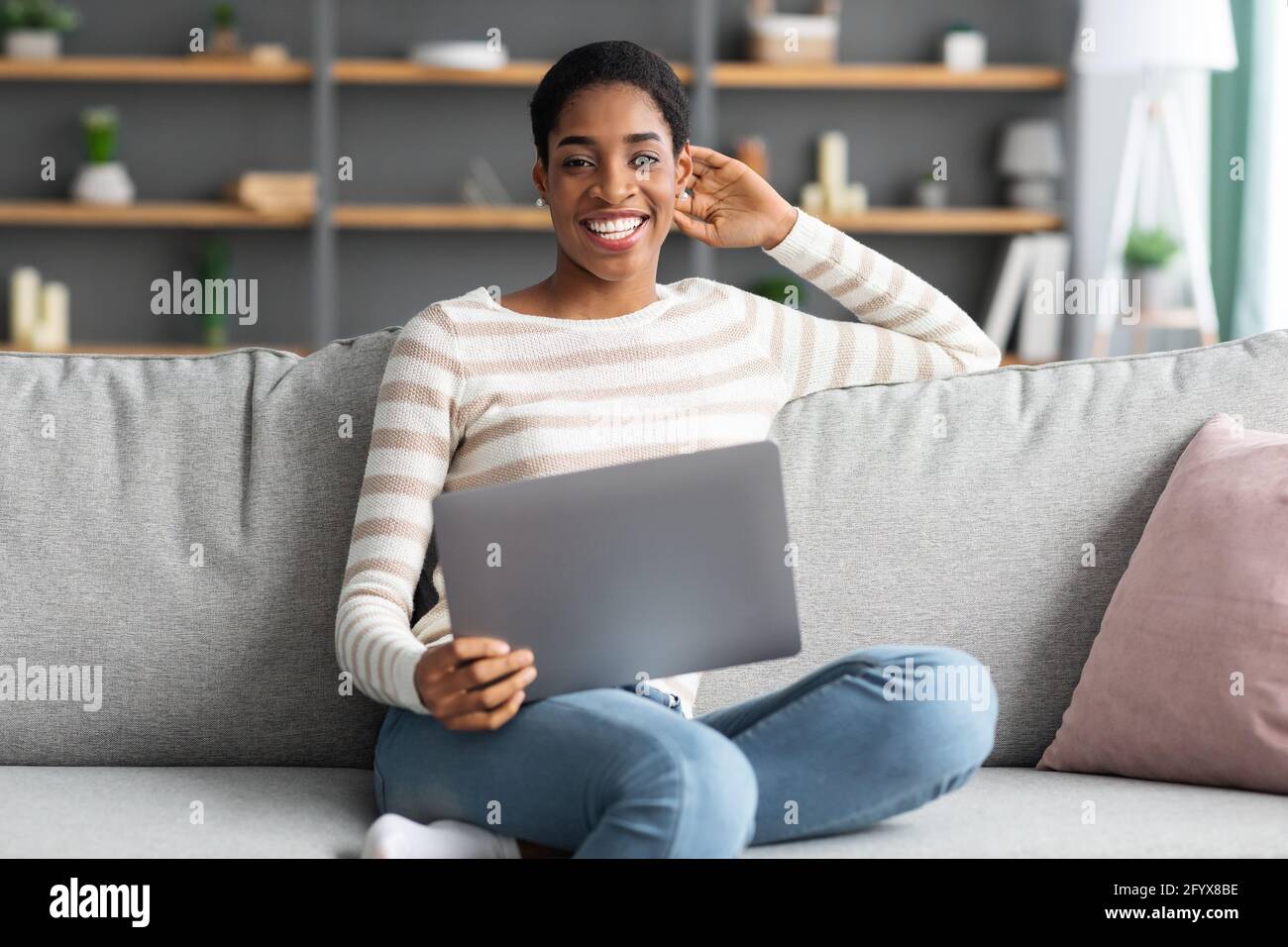 Remote Work. Portrait Of Happy Black Woman Sitting On Couch With Laptop ...