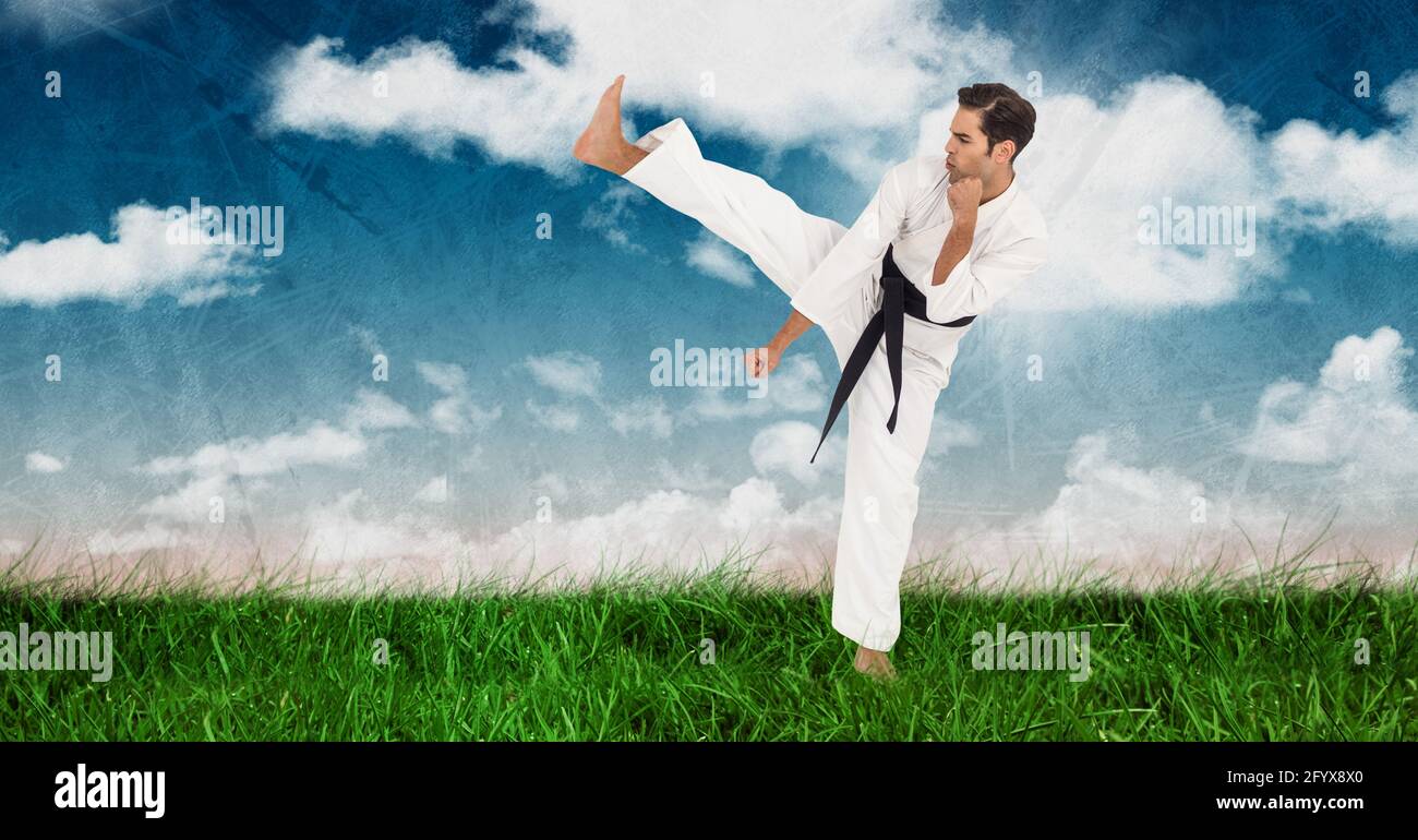 Composition of male martial karate artist with black belt practicing on grass with copy space Stock Photo