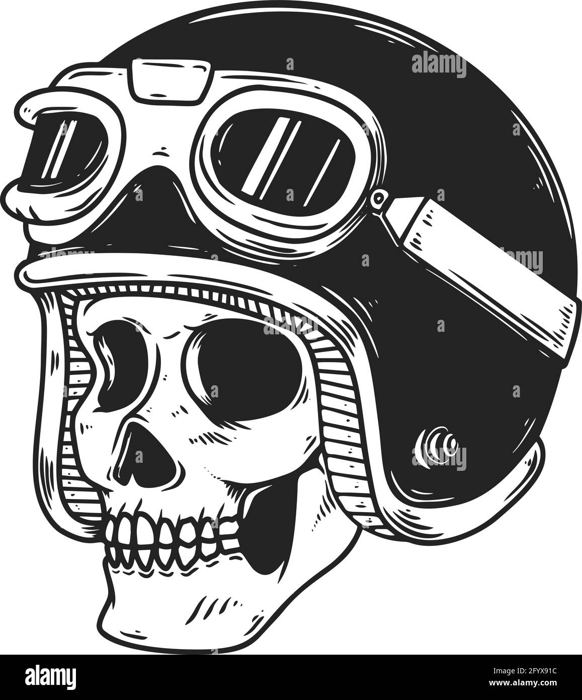 Illustration of biker skull in racer helmet. Design element for logo, label, sign, emblem, poster. Vector illustration Stock Vector