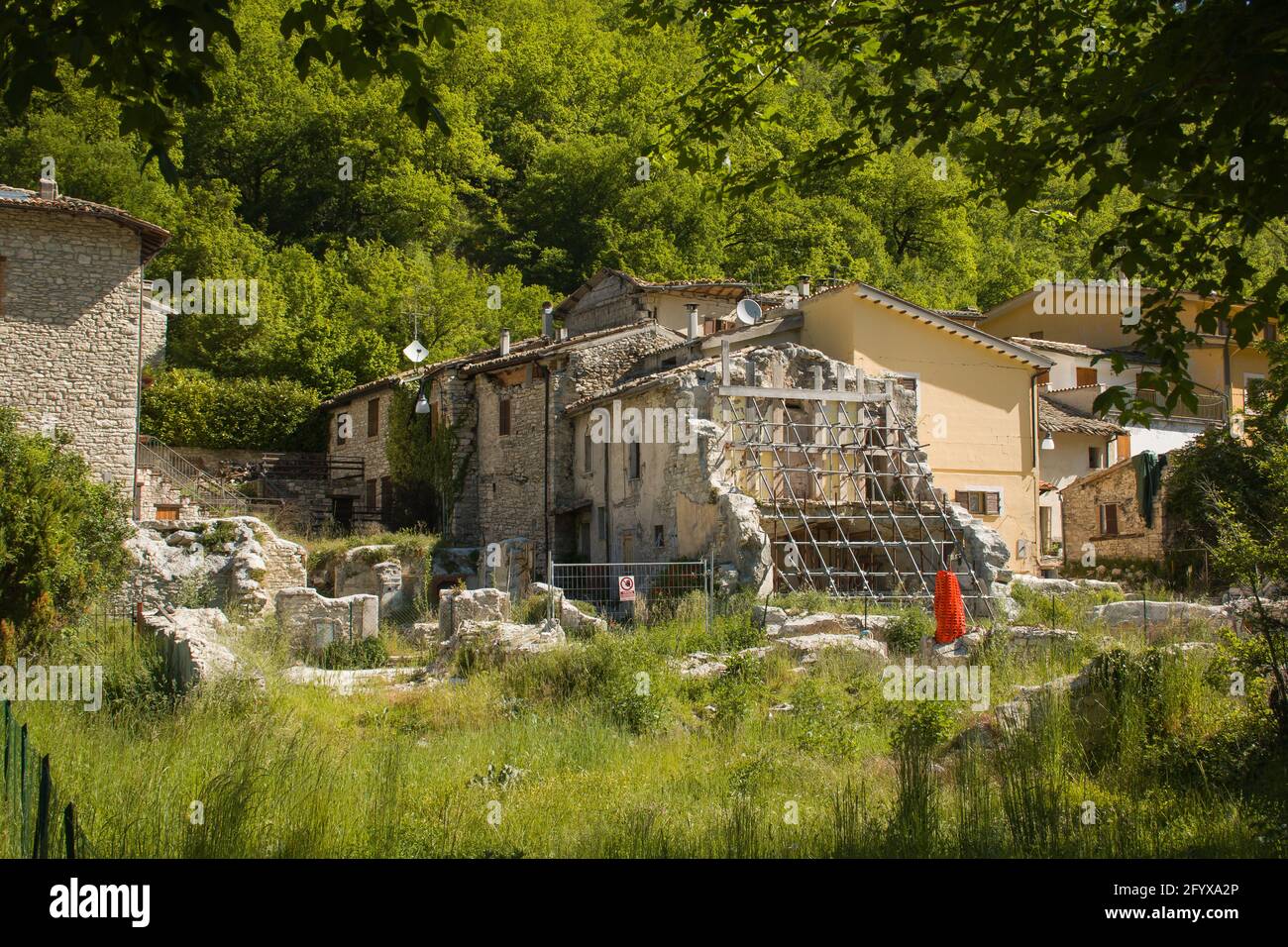 View of Ussita mountain village destroyed by earthquake of 2016 in the Marche region, Italy Stock Photo