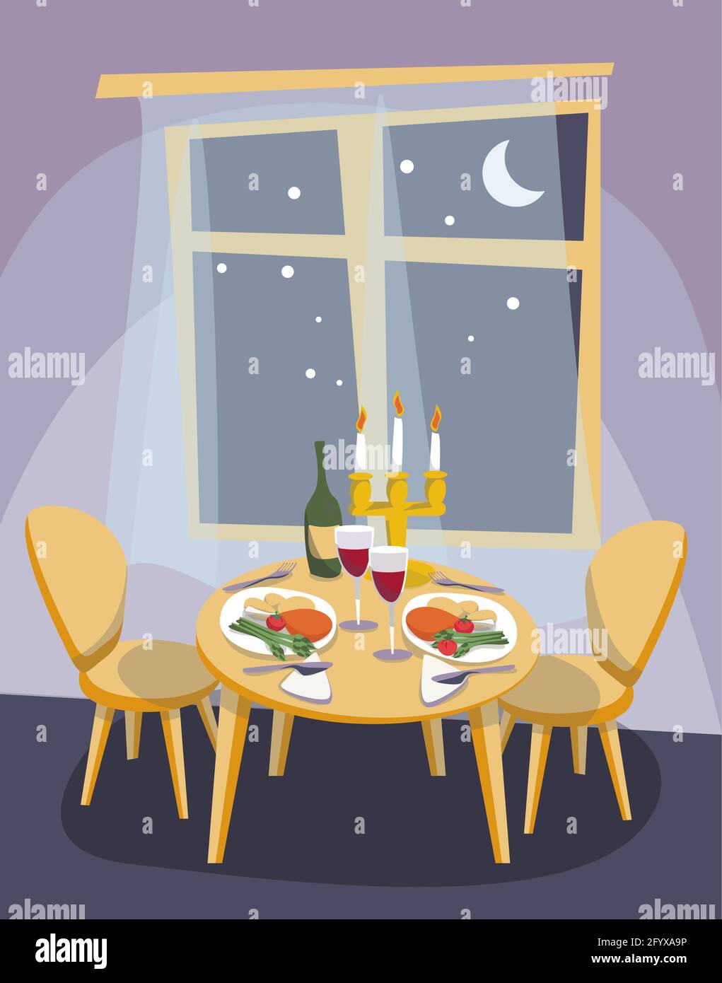 Interior of house dining room, table with chairs and kandles. Dishes and  bottle of wine and glasses. Romantic date concept. Cartoon flat vector  illust Stock Vector Image & Art - Alamy