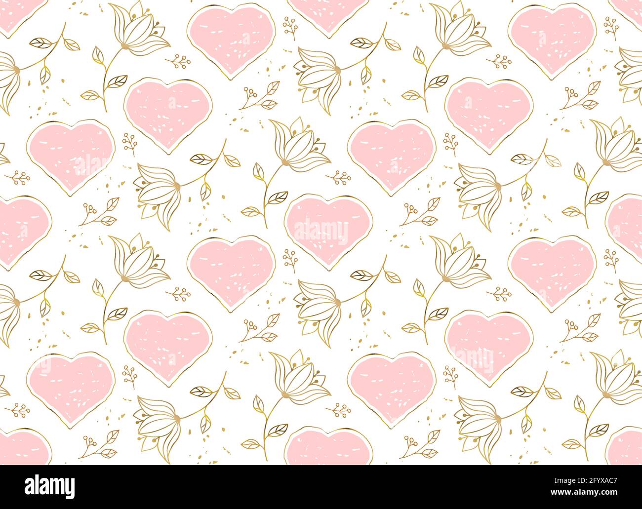 Heart flower seamless pattern. Pink hand drawn hearts with gold contour ...