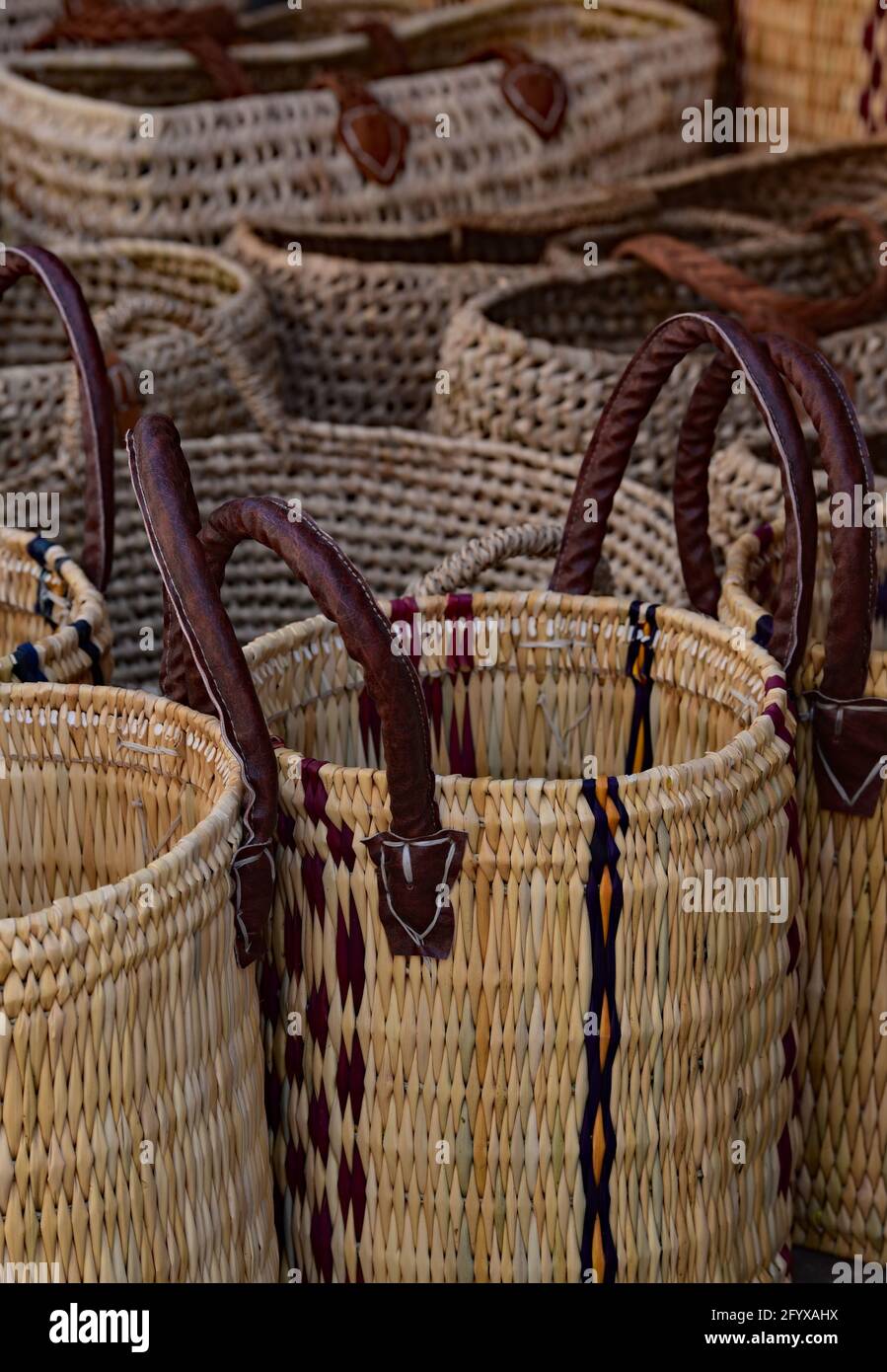 Handmade woven wicker basket display in the medina of the Moroccan town  Essaouira, North Africa Stock Photo - Alamy