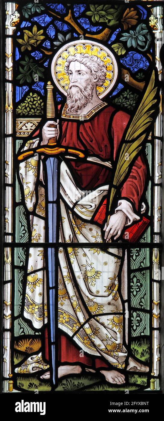 Stained glass window depicting St Paul, St George's Preshute, Wiltshire Stock Photo