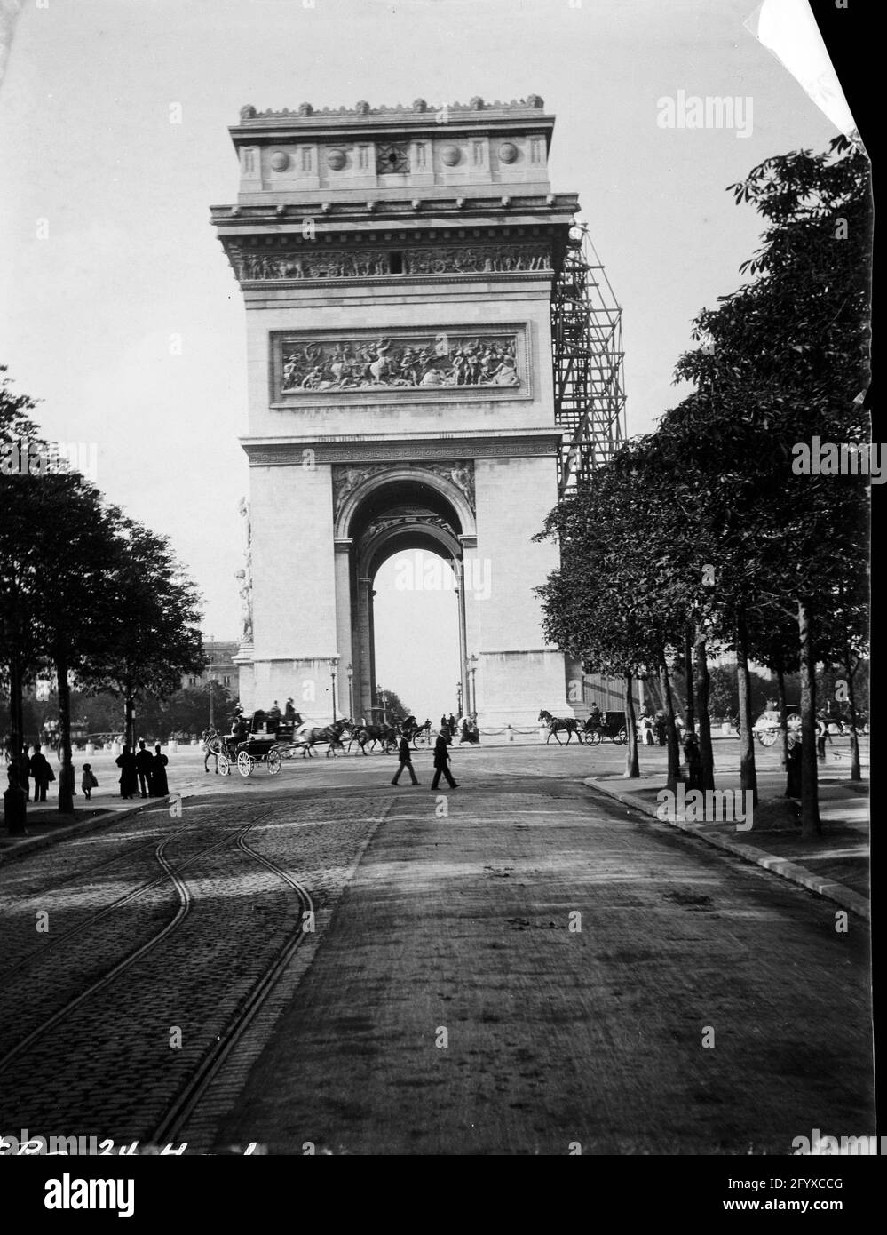 Side view of the Arc de Triomphe with scaffolding on another side