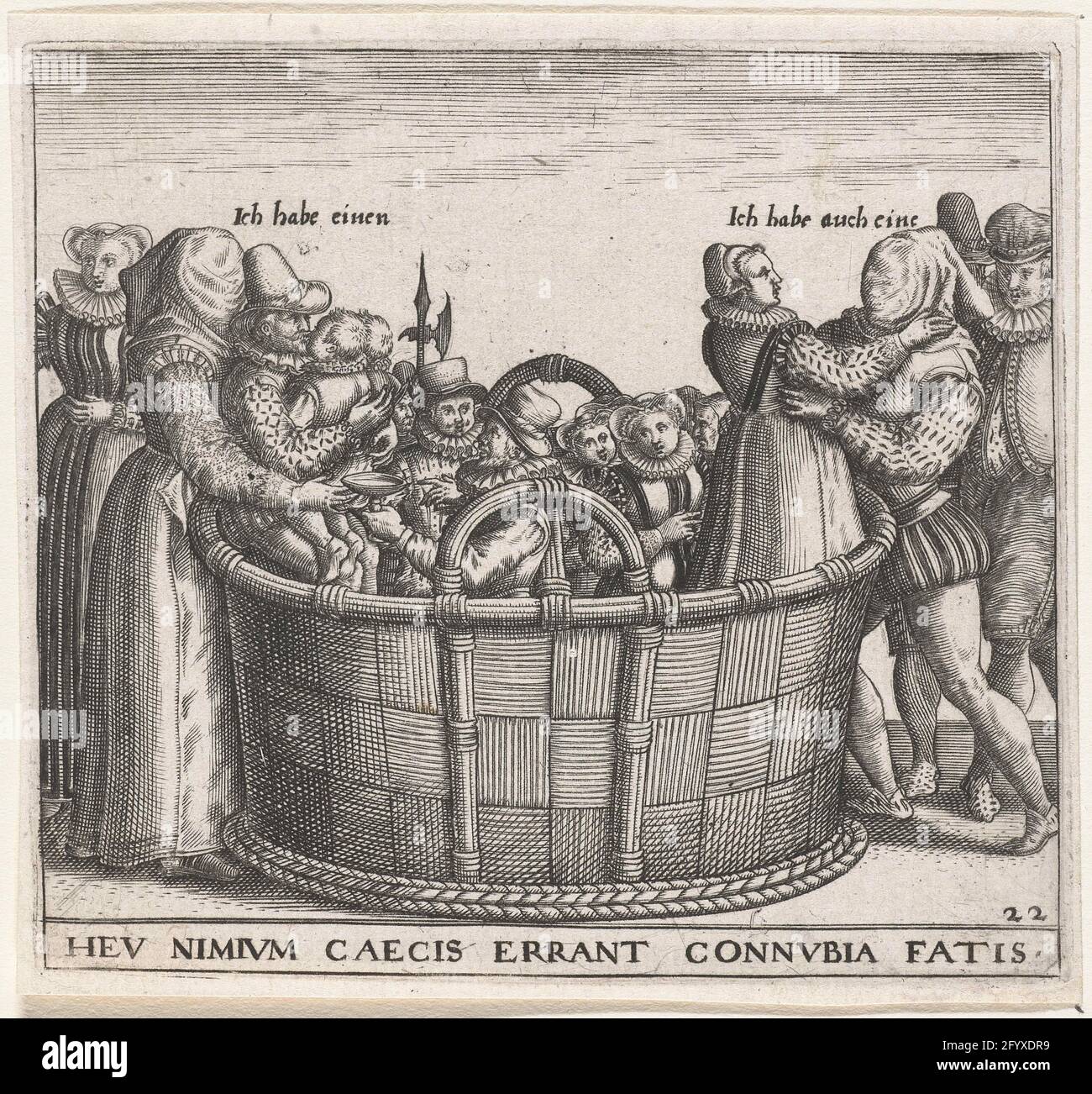 Blind choice for a wedding partner; Heu Nimium Vaecis Errant Connubia Fatis; Emblemata Saecularia, 1596. In a large basket, men and women are as possible wedding candidates. Next to the basket are a man and a woman with a bag over their heads: so they can't see the defects of the wedding candidates. They choose them blindly. The woman left a widower from the basket that holds two children in his arms. The man on the right has a woman to grab. Emblem no. 22 in Emblemata Saecularia, 1596 and No. 43 in the second edition of 1611. Stock Photo