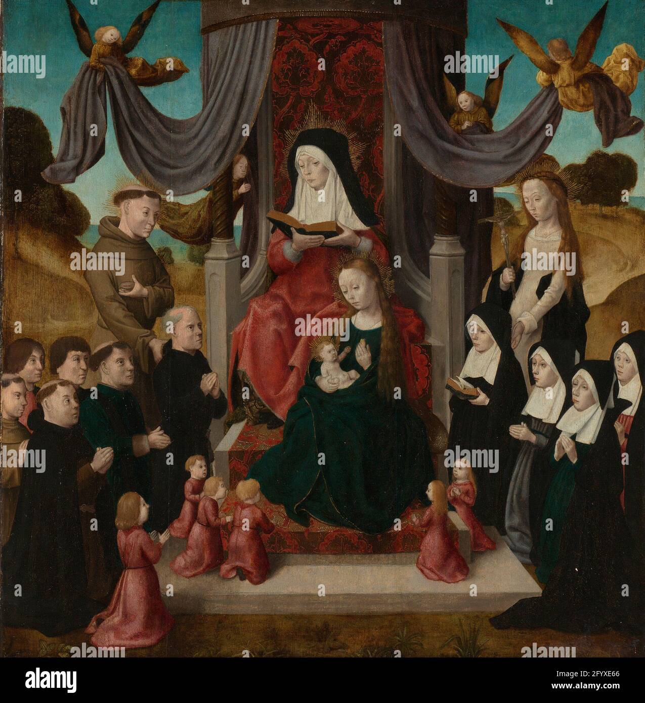 Virgin And Child With Saint Anne and Saints Francis and Lidwina, with donors (Anna Selbdritt). The Holy Anna in three. Anna is sitting on the throne, reading in a book. Maria is on her feet with the Christ child. Left Six male founders kneel in worship with the Holy Francis, on the right four founders with the Holy Lidwina. Five children kneel on the stairs of the throne. Angels in the air keep the curtains on either side of the throne. Stock Photo