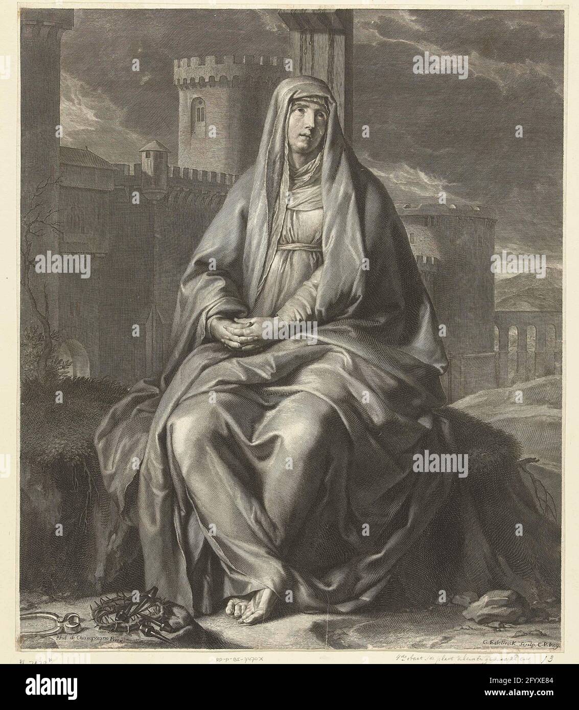 Grieving Mary; Mater Dolorosa. Maria, crying and with folded hands, is