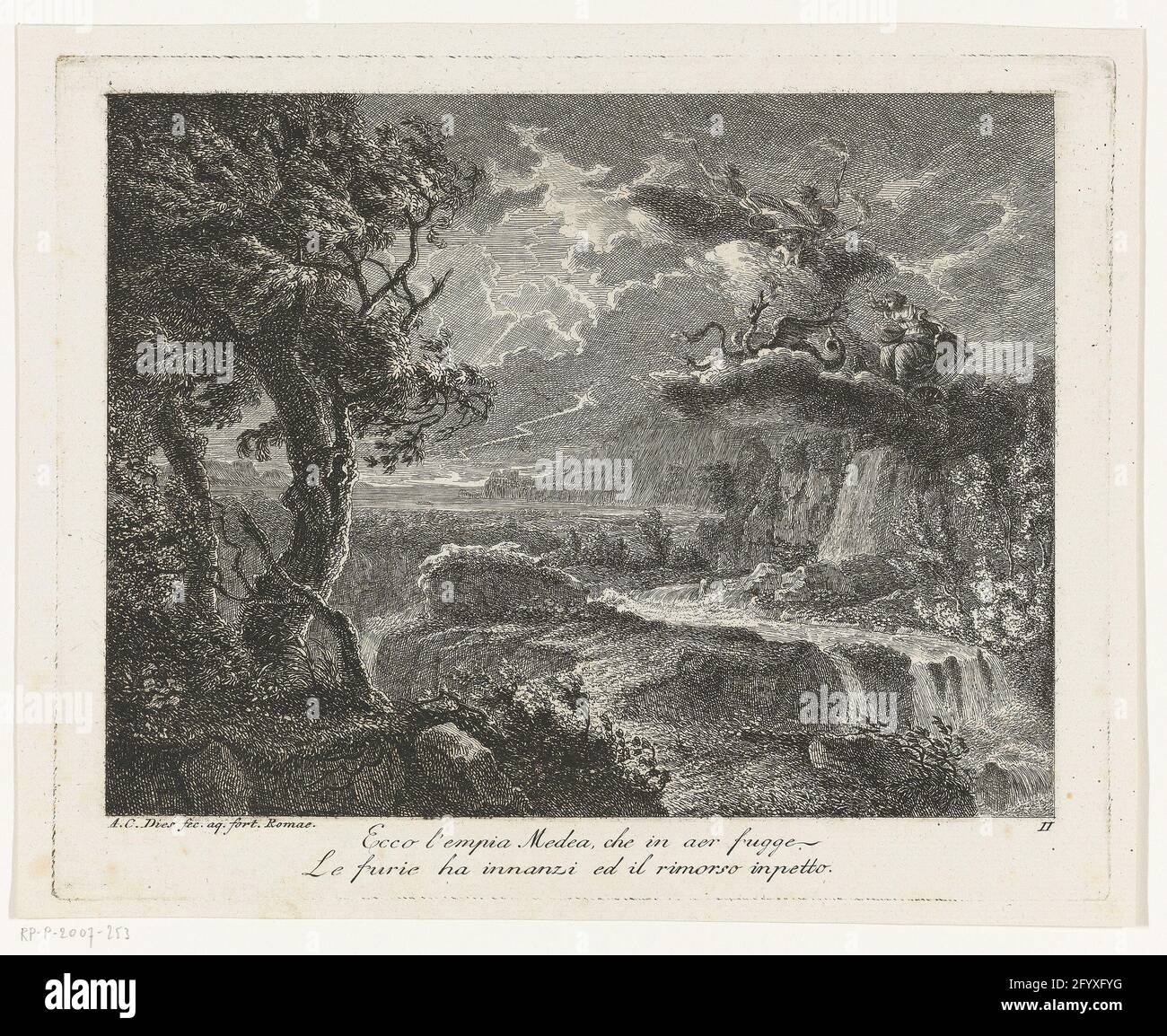 Stormy river landscape with the flying car from Medea, drawn by a hydra; Those land chaffers Mit Armida Und Medea in Den Lüften. Stock Photo