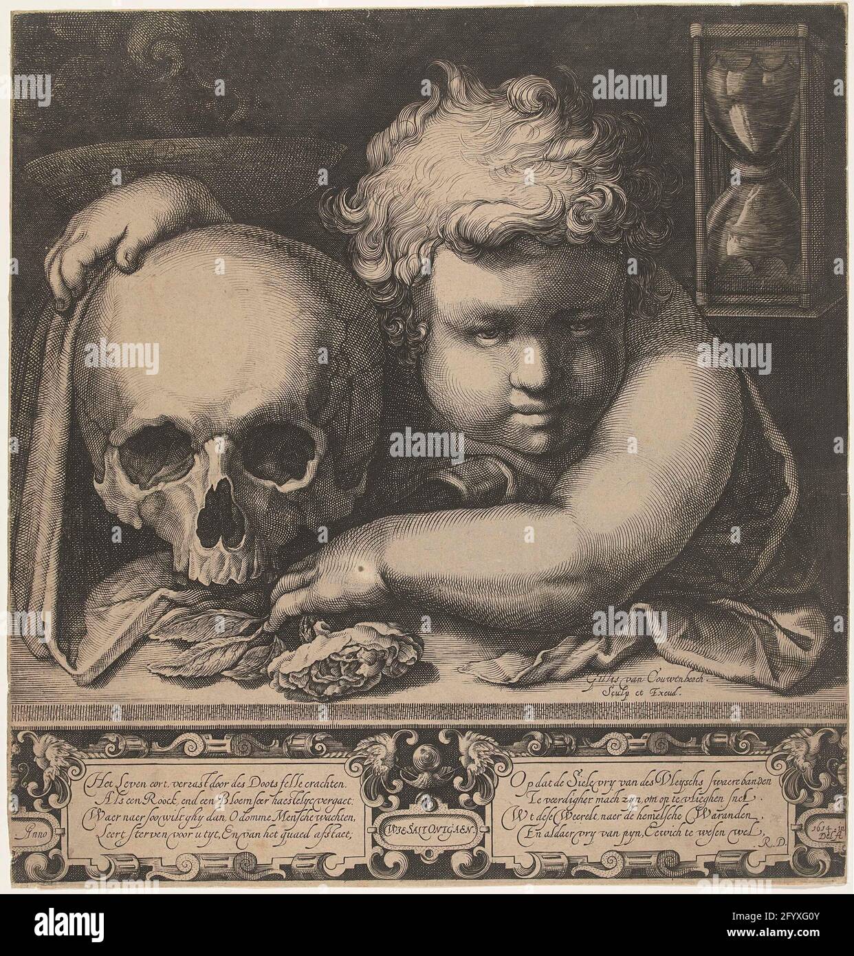 Whoever dodaed Sal't. Vanita window with a child leaning on a skull. Vanitassymbols such as links a bowl with burning incense and on the right an hourglass emphasize the message of the print. The rose in the child's hand also depicts the warning nature of the performance: the human life can be just like the smell of the rose of short duration. Stock Photo