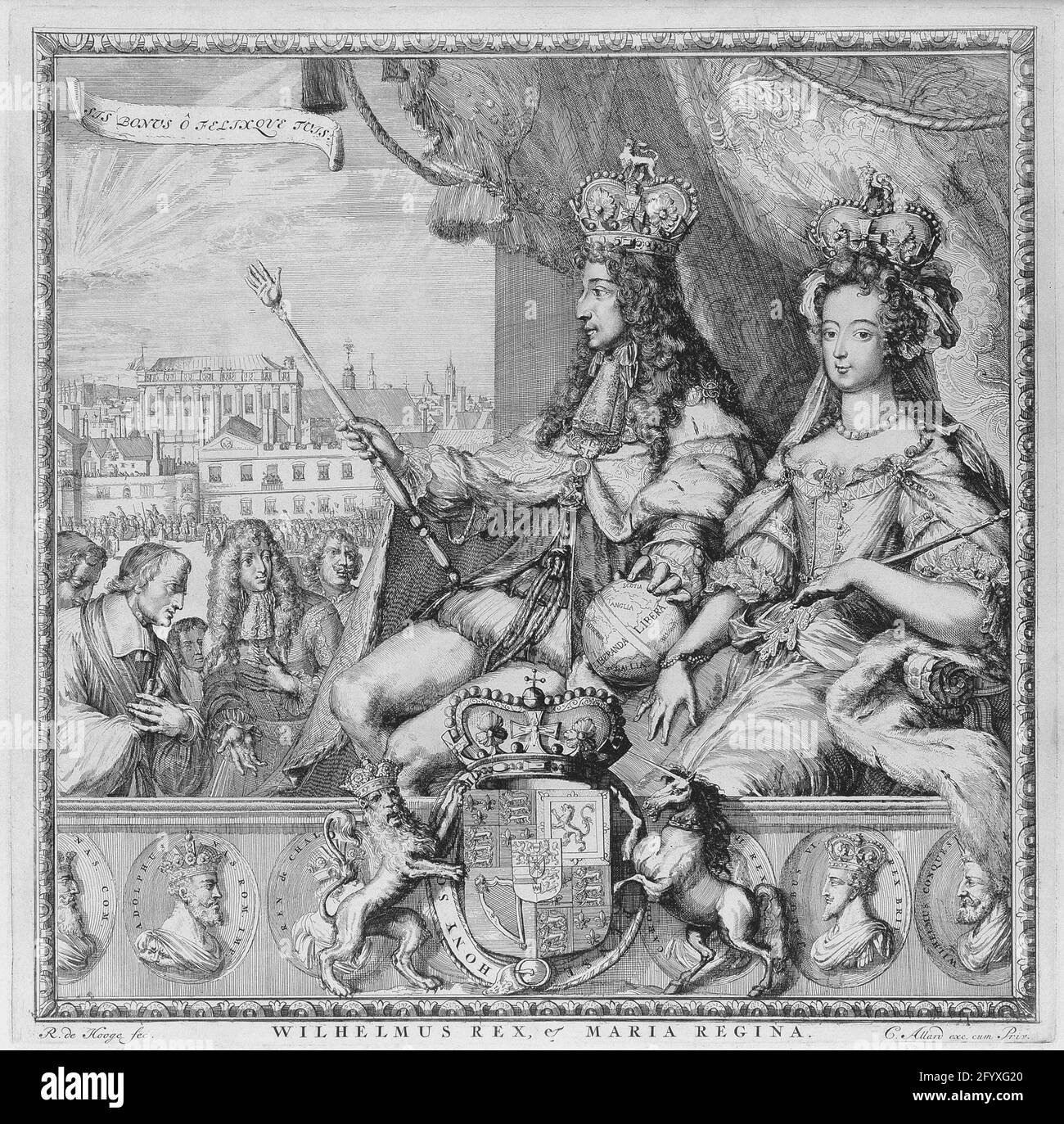 Allegory on the coronation of Willem and Mary to King and Queen of Great Britain, 1689. Allegory on the coronation of Willem and Maria as king and queen of Great Britain, April 21, 1689. The couple sitting in front of a draped curtain, skeptists in the hand. Left single spectators, in the background the palace of Whitehall in London. Down the weapon of Great Britain and medallions with portraits of earlier English kings. Stock Photo
