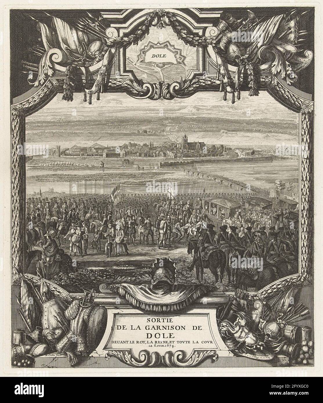 Intake of the city Dole by the French troops, 1674; Sortie de la Garnison de Dole. View of the city Dole that is taken by the French troops under Louis XIV. The army attracts the city through a bridge over the fortification. On the other side of the canal is a coach with Louis XIV and its queen. In a frame with weapon and laurel wreaths. Above the show a cartouche with the perimeter of the fortified city Dole and the course of the river Doubs. Stock Photo
